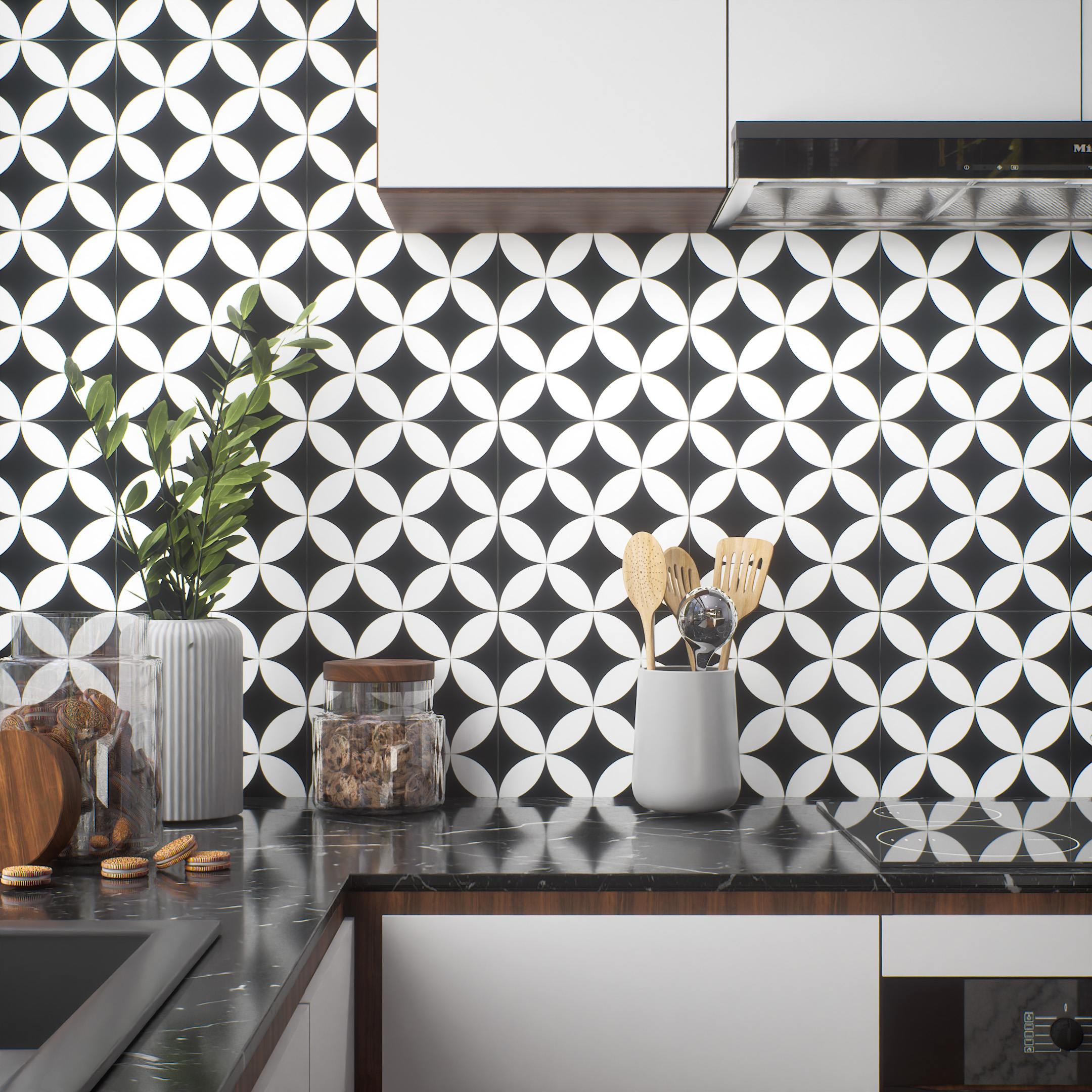 モノトーンマッケンジーチャイルズ/マッケンジーチャイド 花柄 フローラ Premium Black and White TL 04358 Black & White Moroccan Ceramic Tile