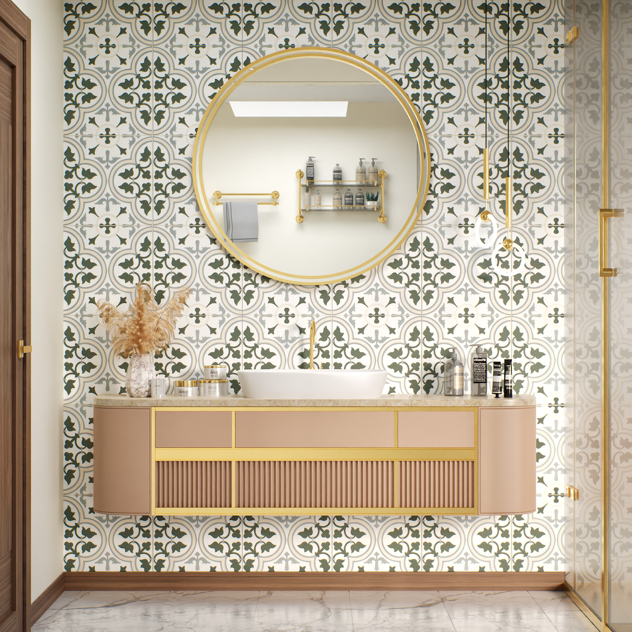 Moroccan Tile TL 05175 Zellige Green Floral Multi Colour 1 ft x 1