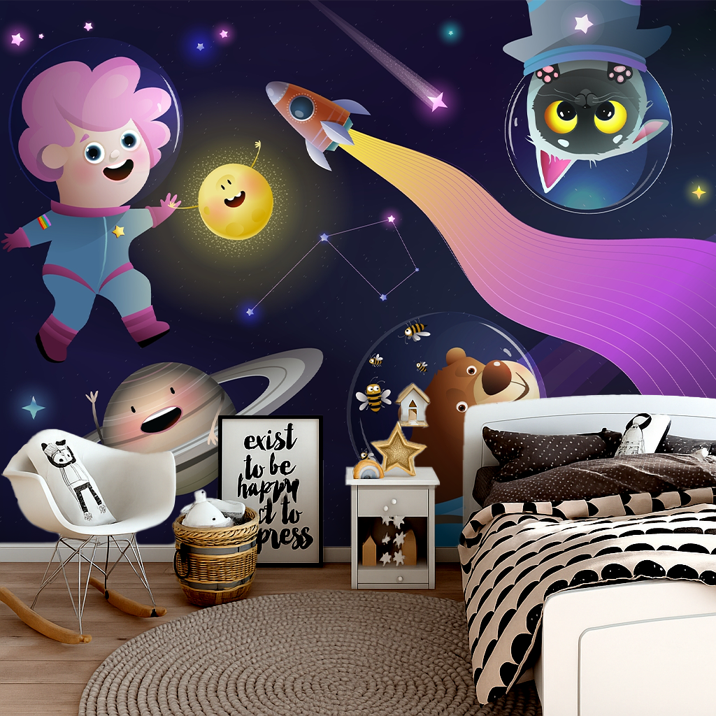 Purple Rocket Travelling Through Space Kids Room Wallpaper WP