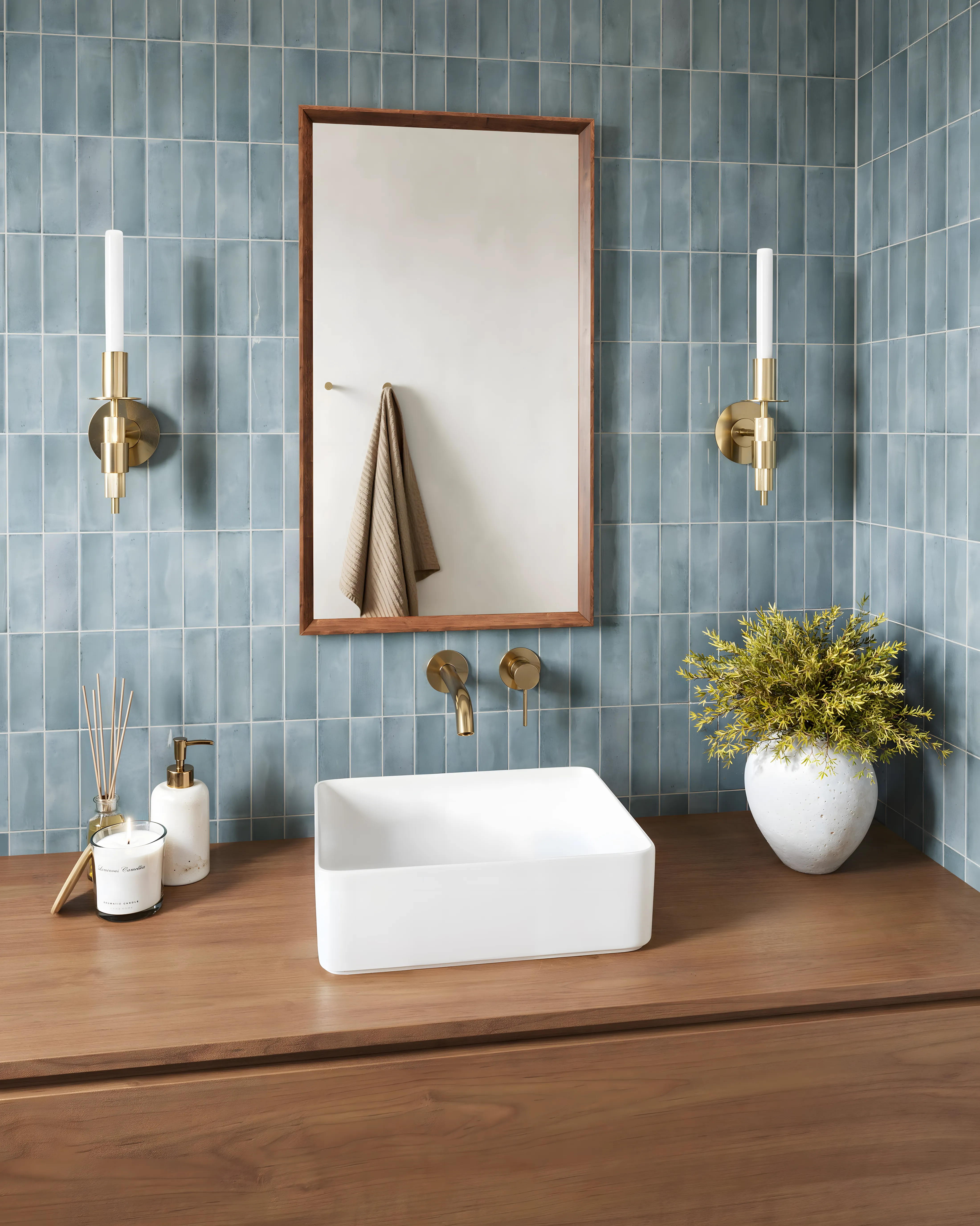Blue Subway tiles with Wooden Laminate Embassy Springs Devanahalli | Material Depot