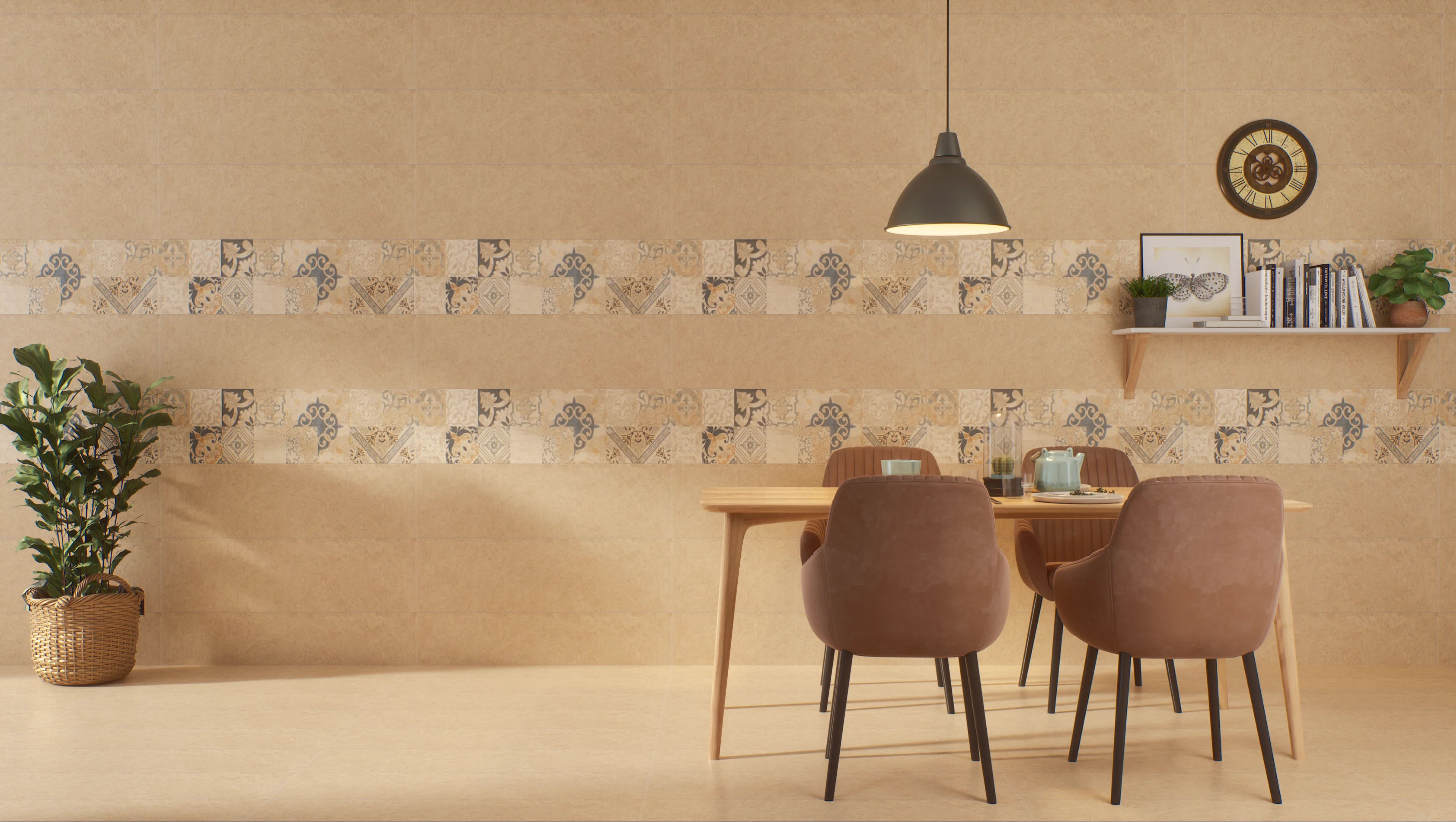 Cozy dining room with patterned tiles and warm tones | Material Depot