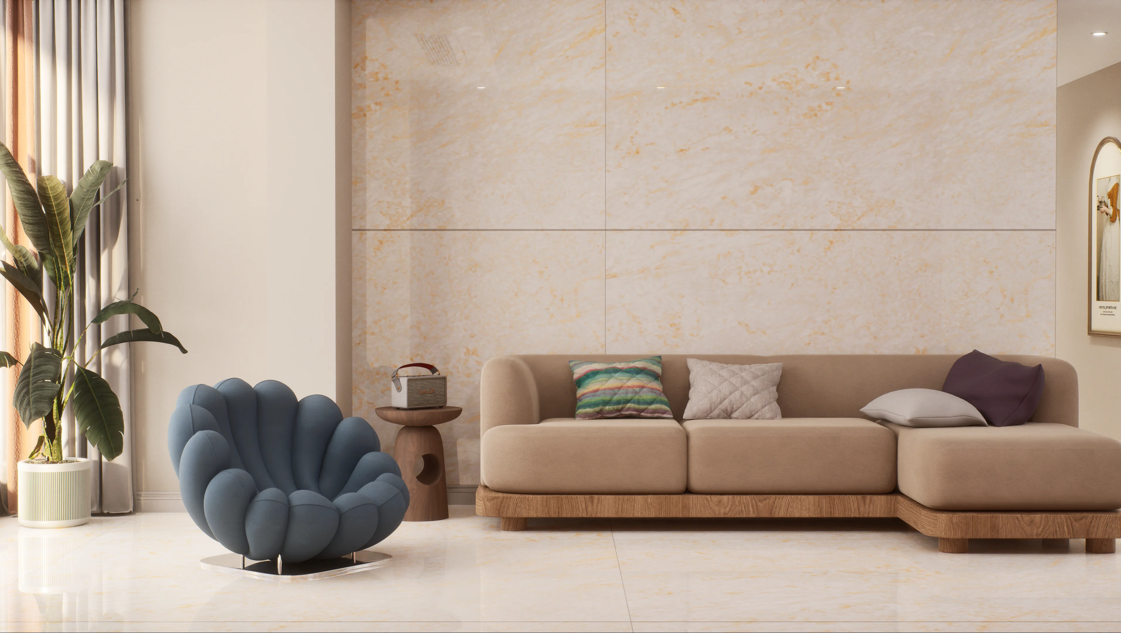 Modern living room with beige sofa and blue chair | Material Depot