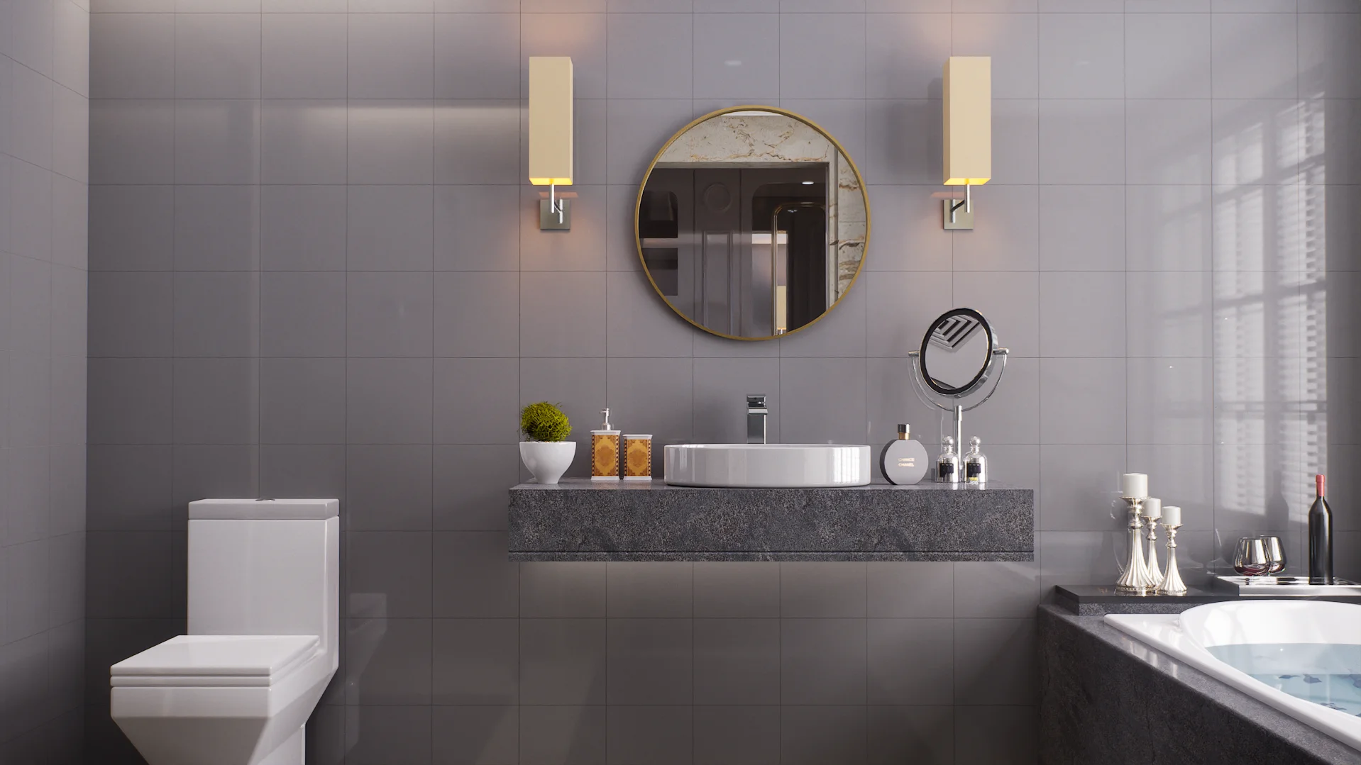 Modern bathroom with grey tiles and sleek fixtures | Material Depot