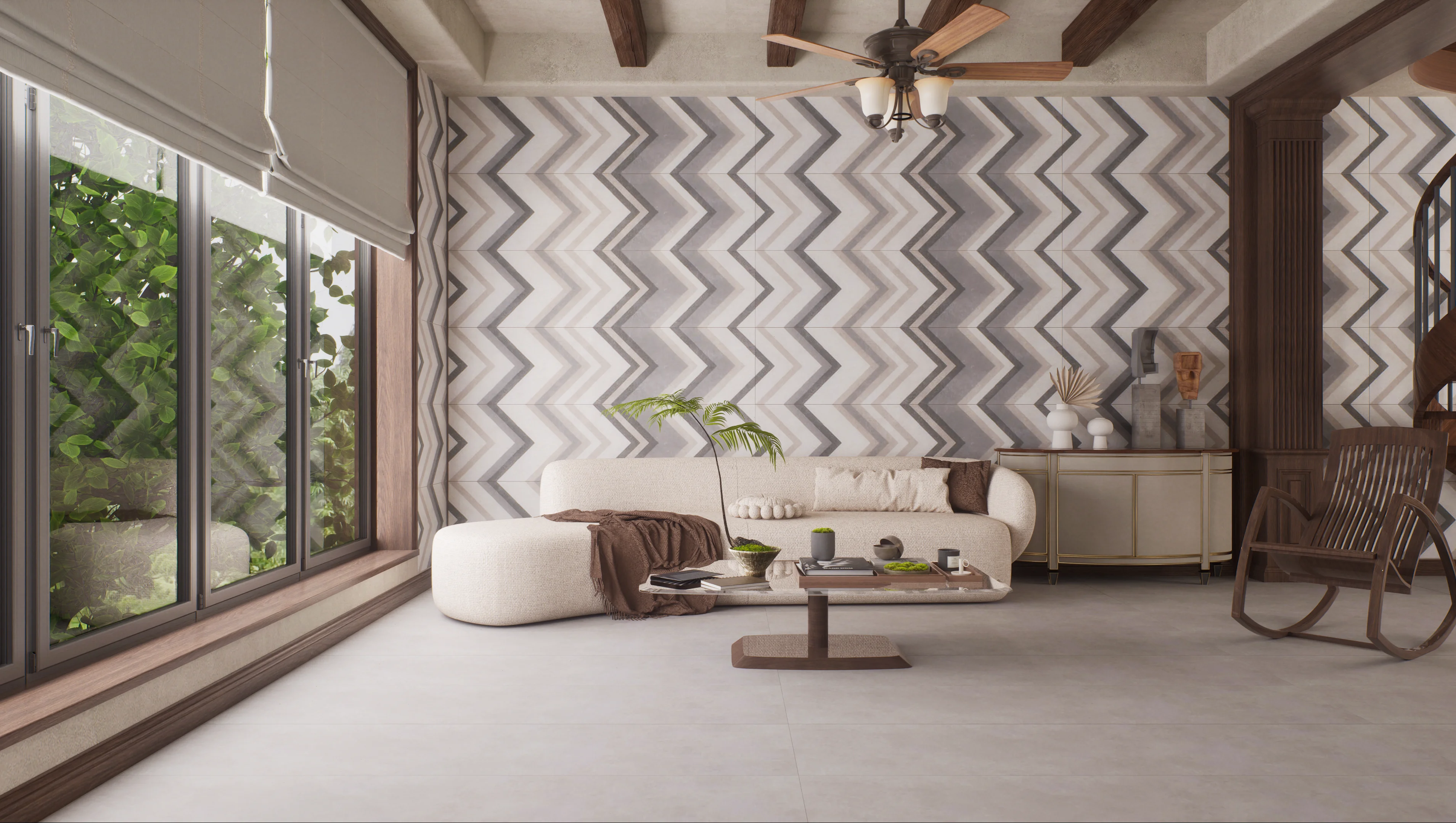 Rustic living room with chevron pattern wall | Material Depot