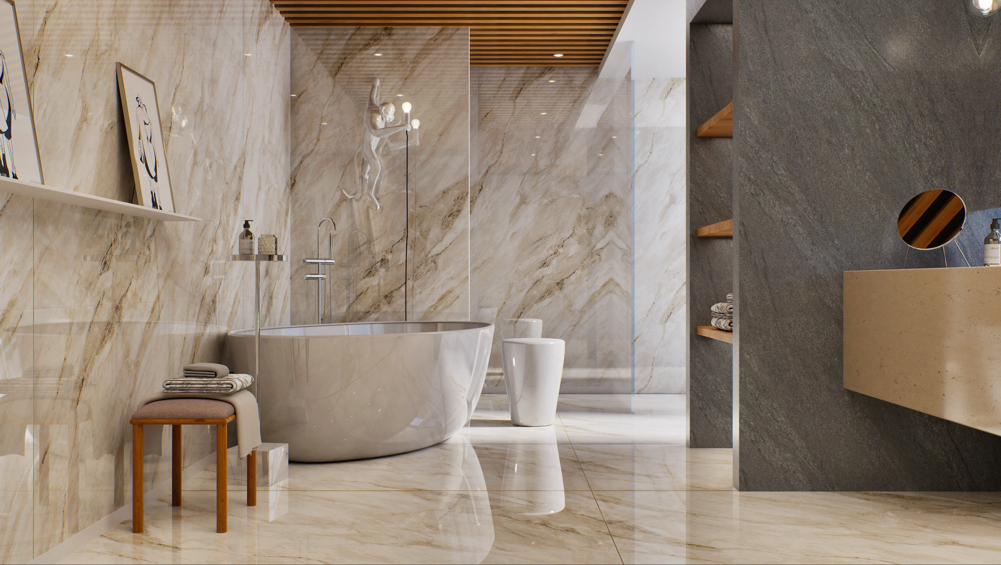 Elegant bathroom with marble walls and freestanding tub | Material Depot