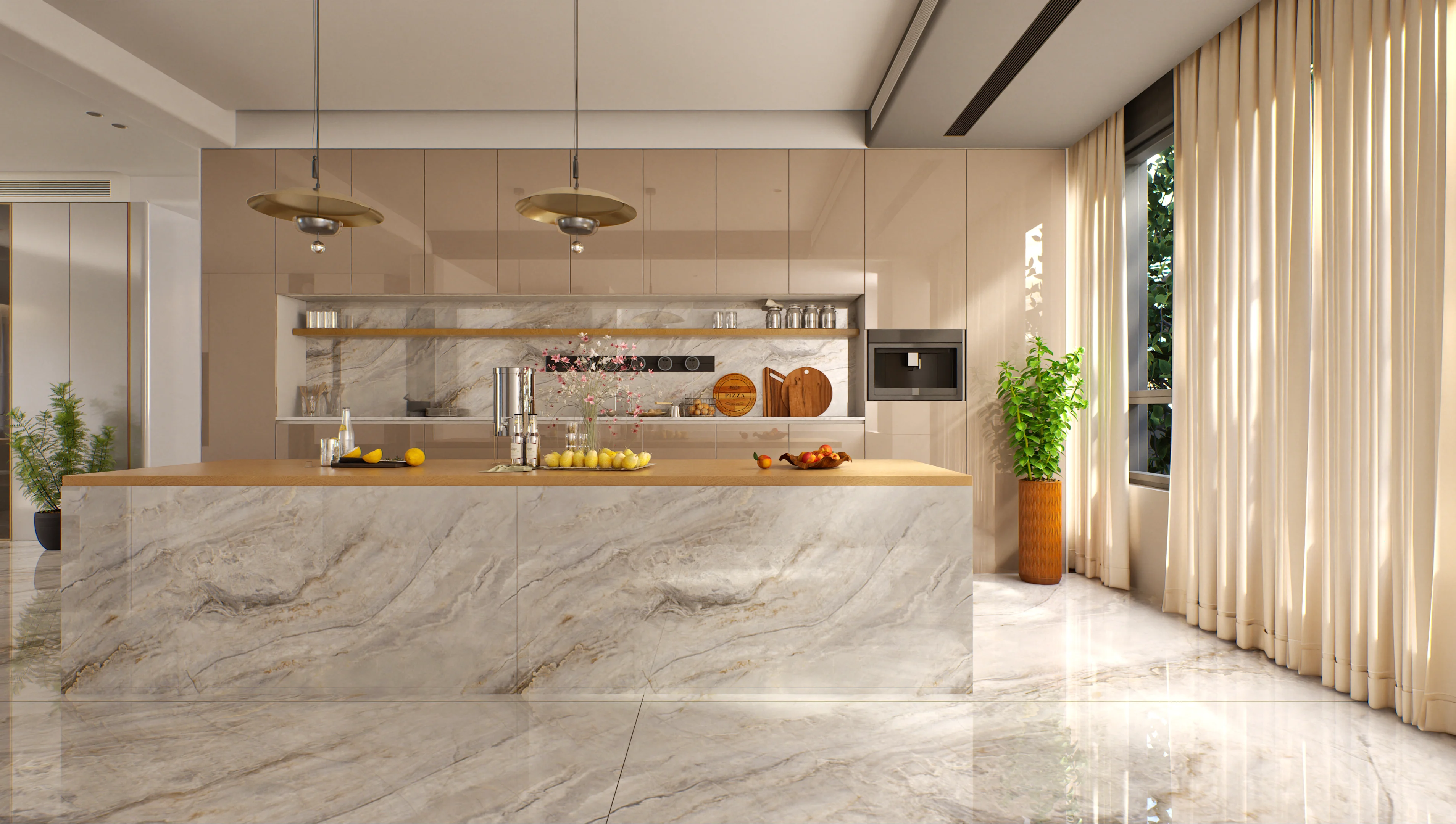 Modern kitchen with marble island and beige cabinets | Material Depot