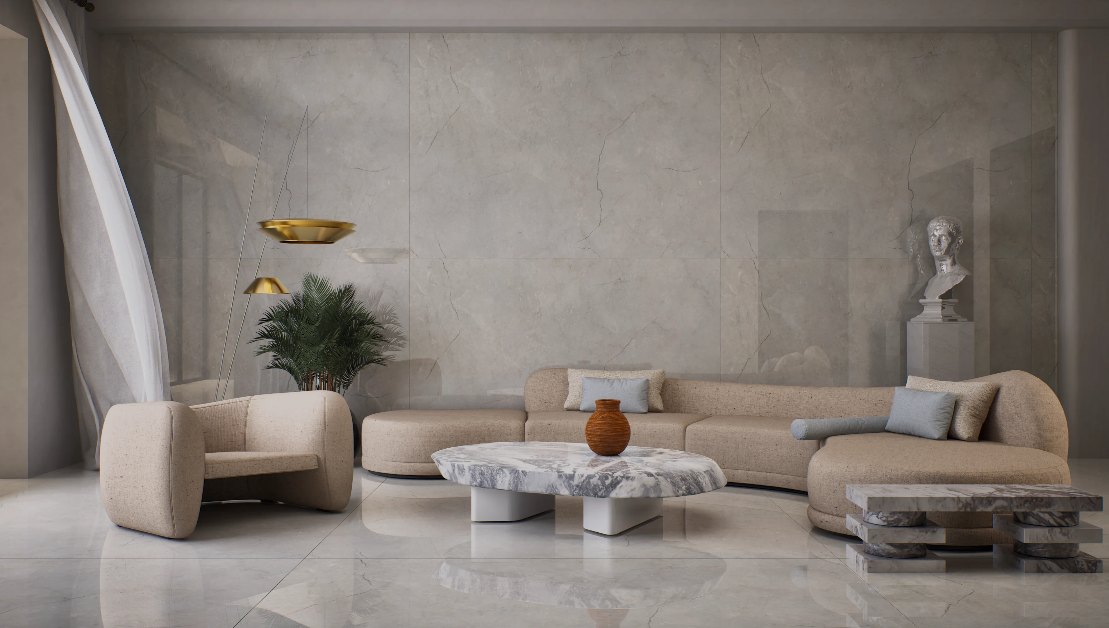 A contemporary living room featuring a beige sofa, marble coffee table, and minimalist decor against a grey stone wall backdrop. | Material Depot