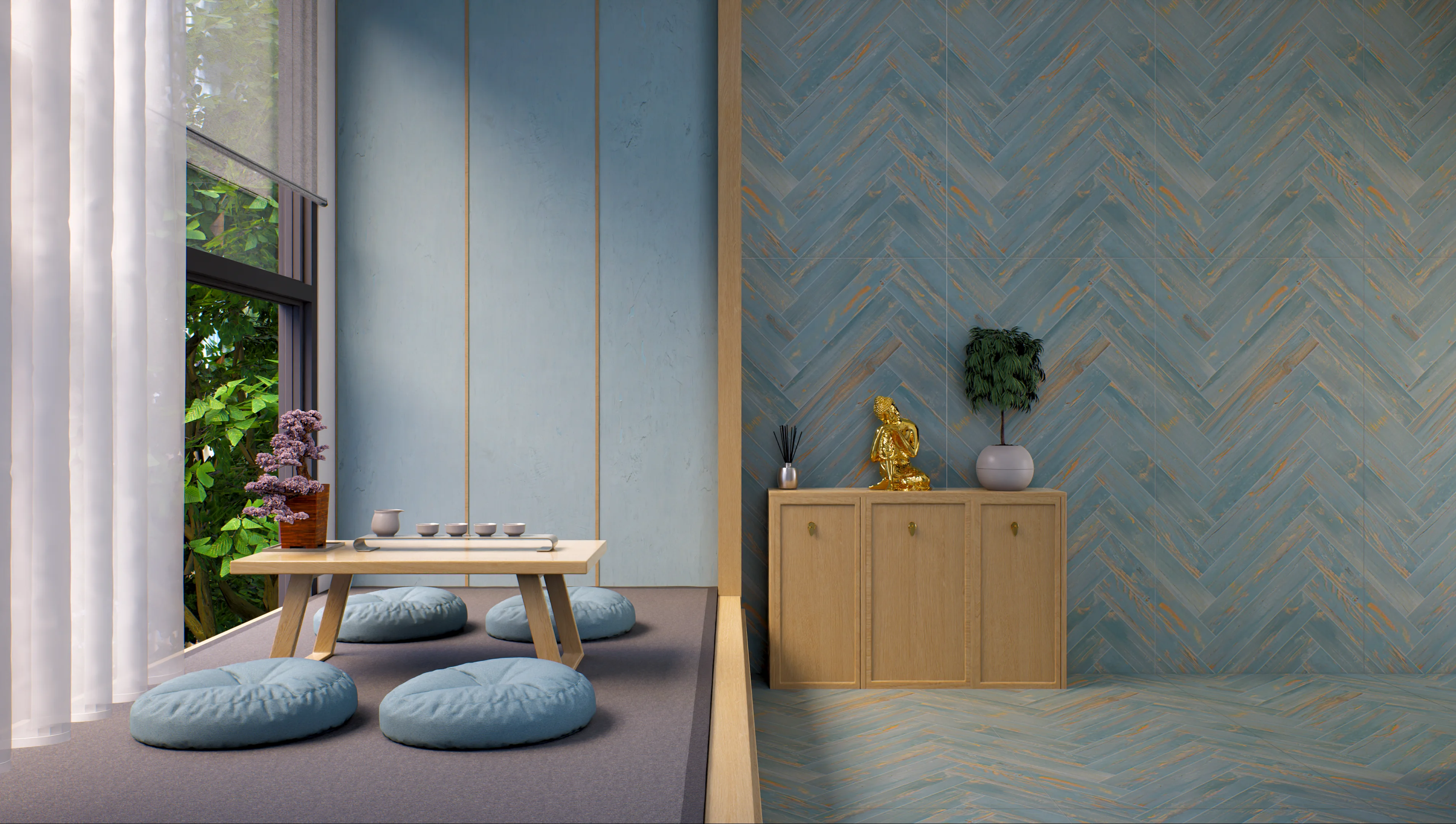 Tranquil Zen room featuring serene blue tones | Material Depot