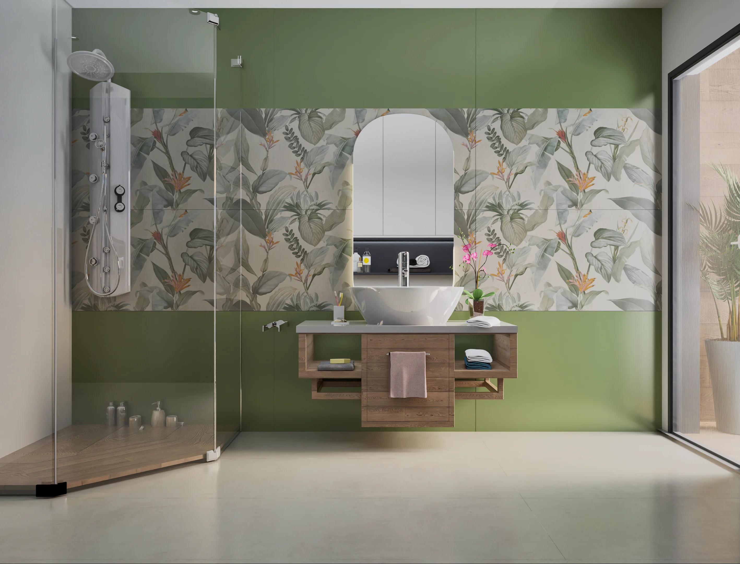 Lush tropical bathroom featuring vibrant green walls and floral accents | Material Depot