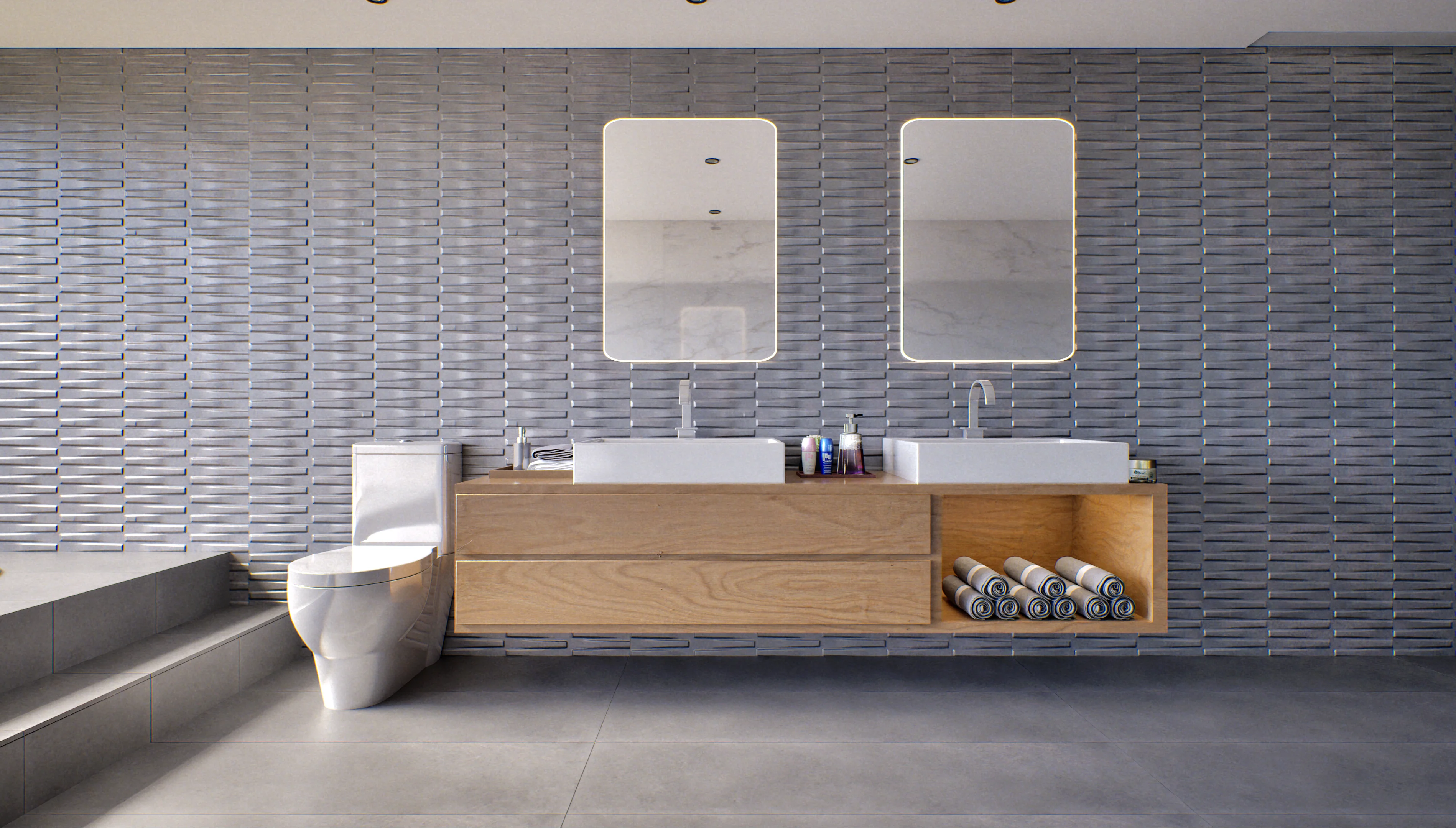 Modern bathroom featuring a double vanity with a textured tile wall | Material Depot