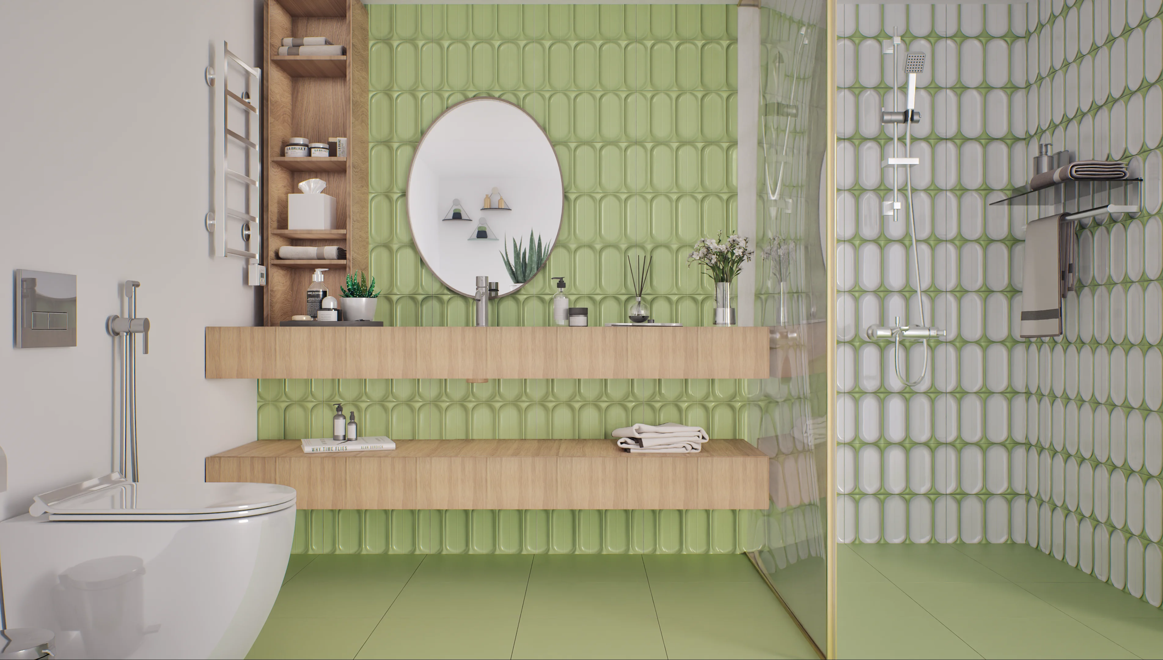 Contemporary bathroom featuring green accent tiles and a floating wooden vanity | Material Depot