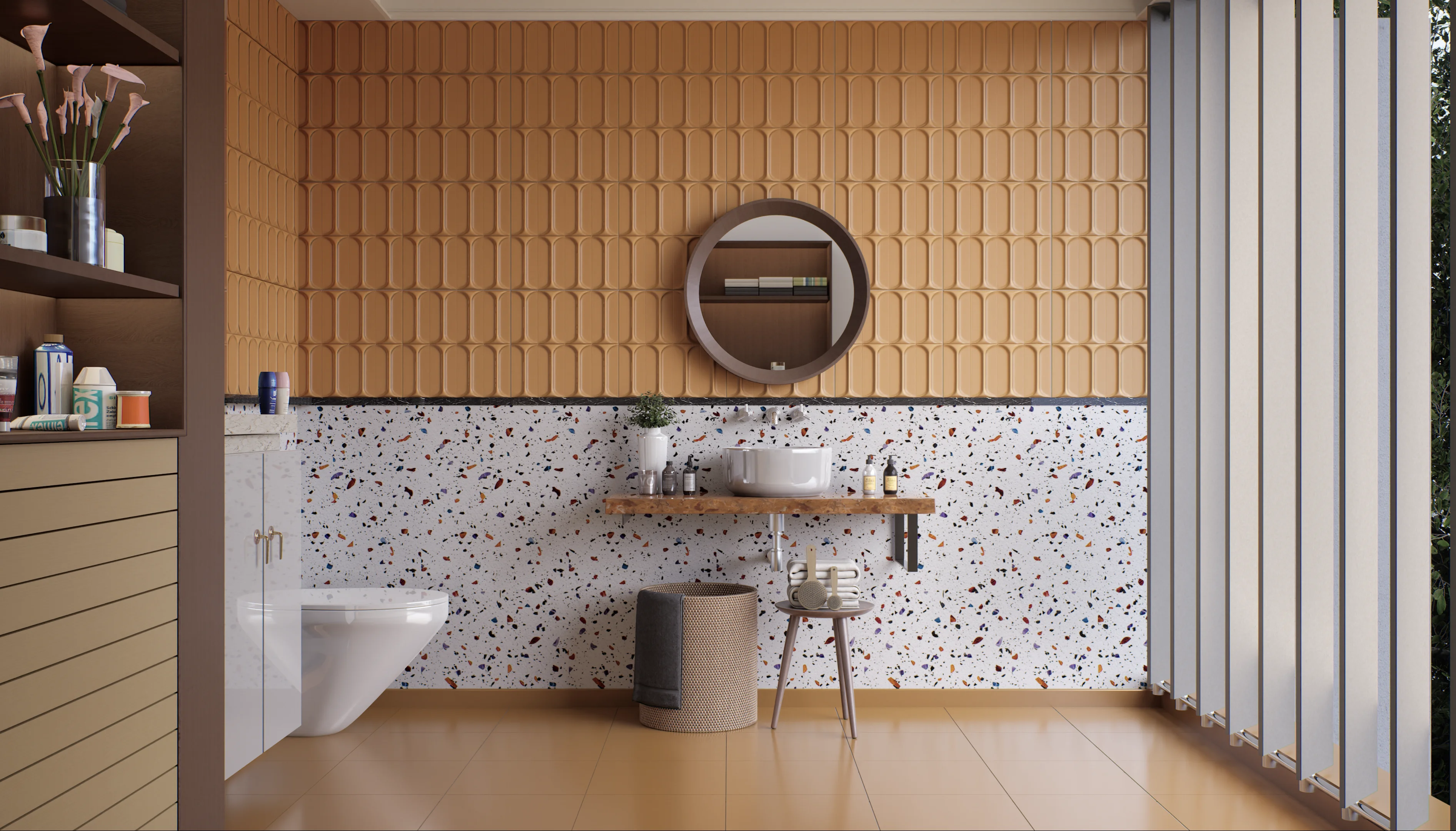 Contemporary bathroom featuring terrazzo tiles and warm-toned textured wall tiles | Material Depot