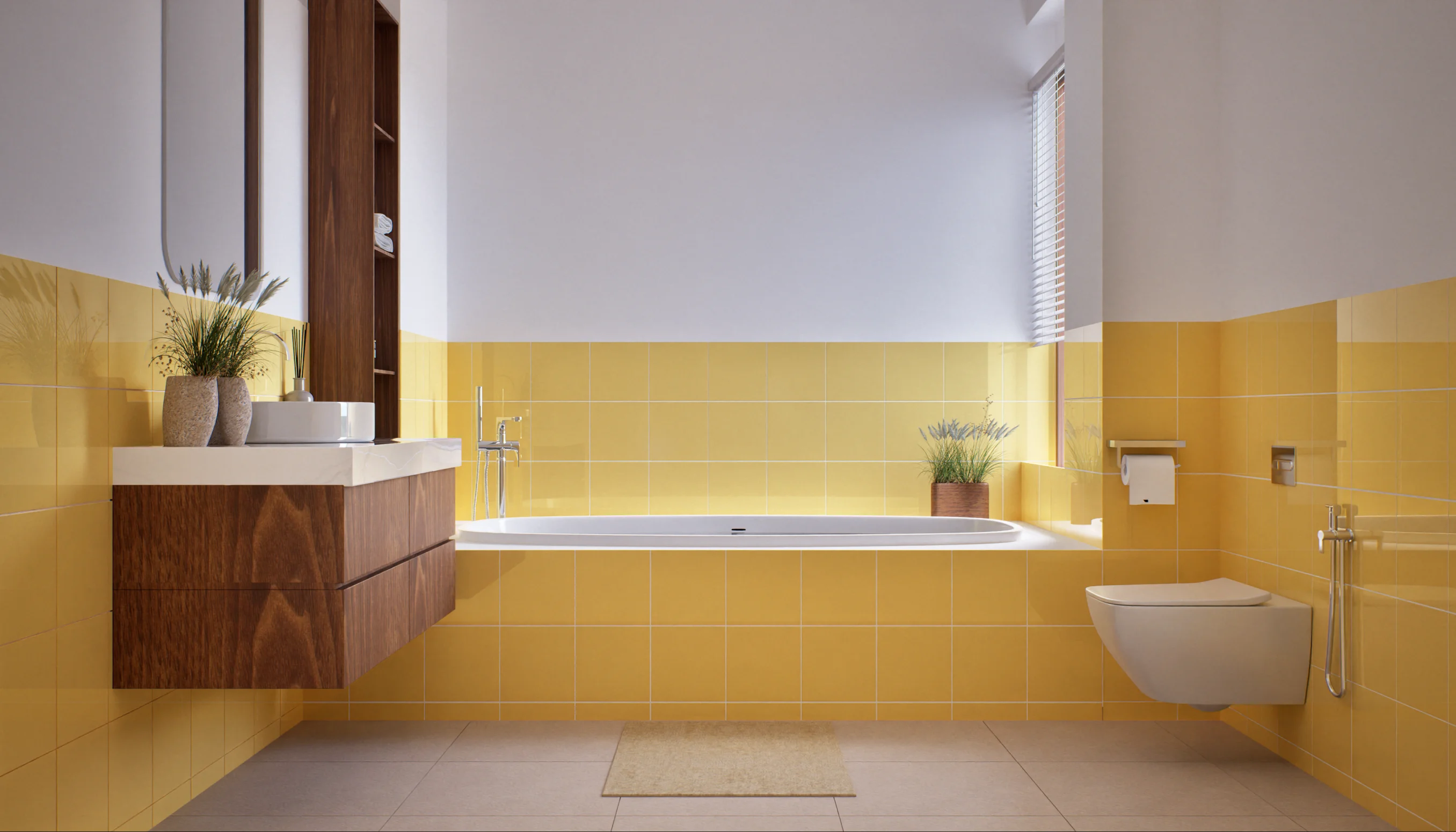 A modern bathroom with vibrant yellow tiled walls, wooden vanity, and a white bathtub, creating a cheerful and clean atmosphere. | Material Depot