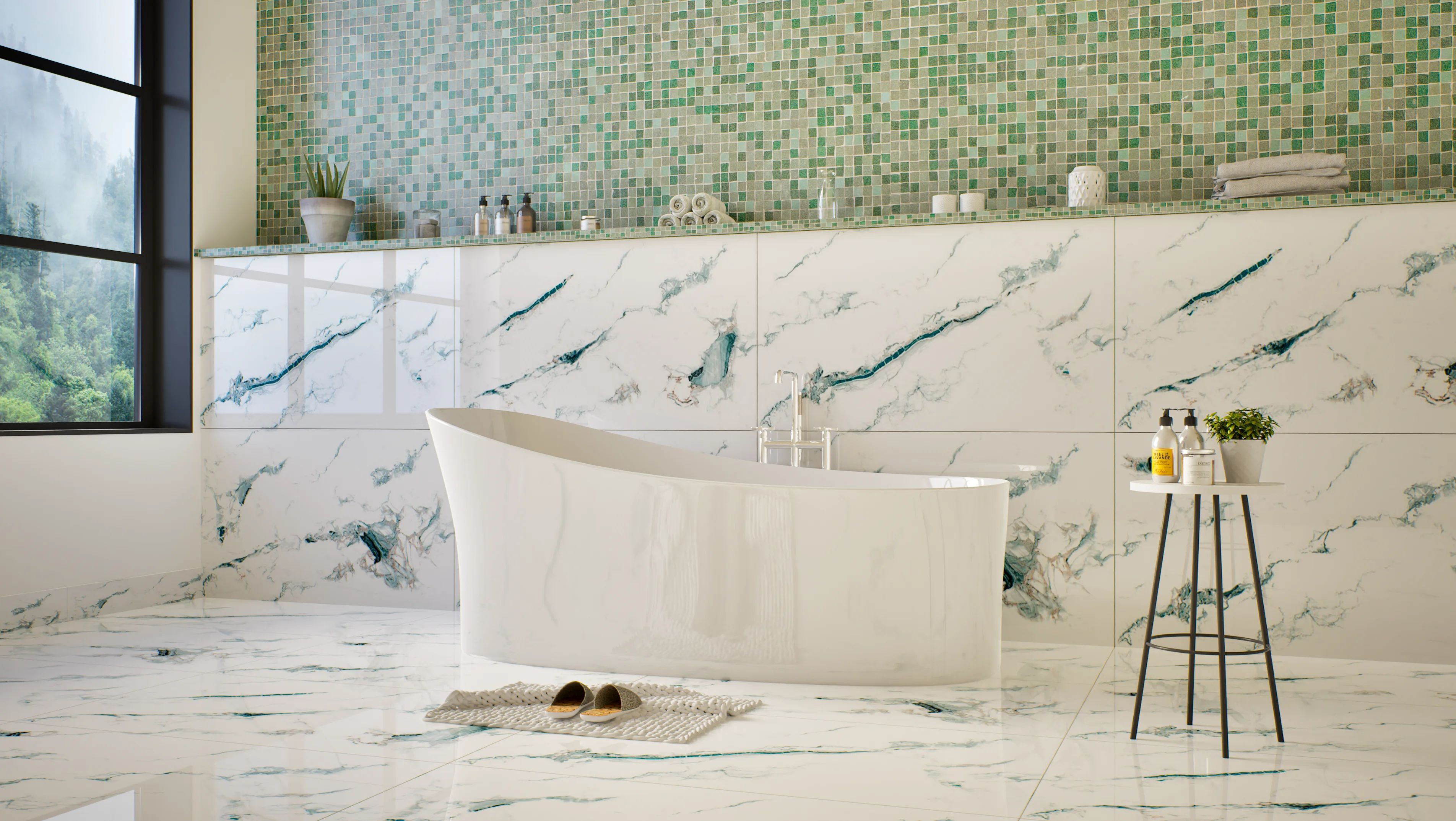 Elegant bathroom featuring green mosaic tiles, marble walls, and a modern freestanding bathtub. | Material Depot