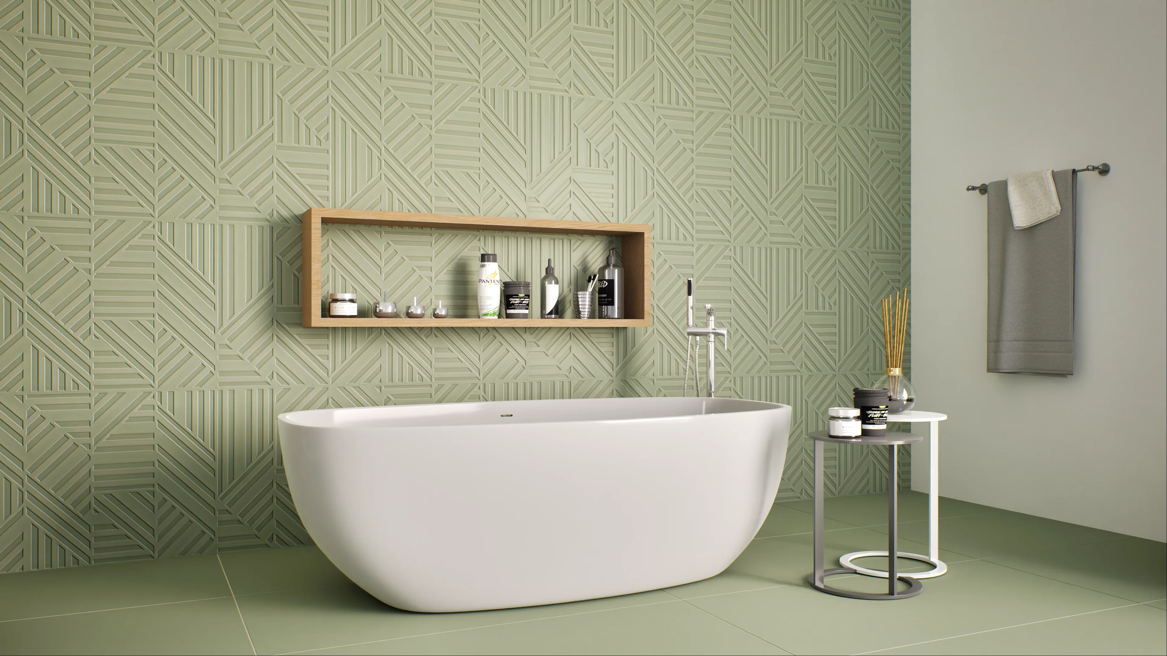 Modern bathroom featuring a white bathtub against a backdrop of geometric green tiles, wooden shelf, and stylish decor. | Material Depot