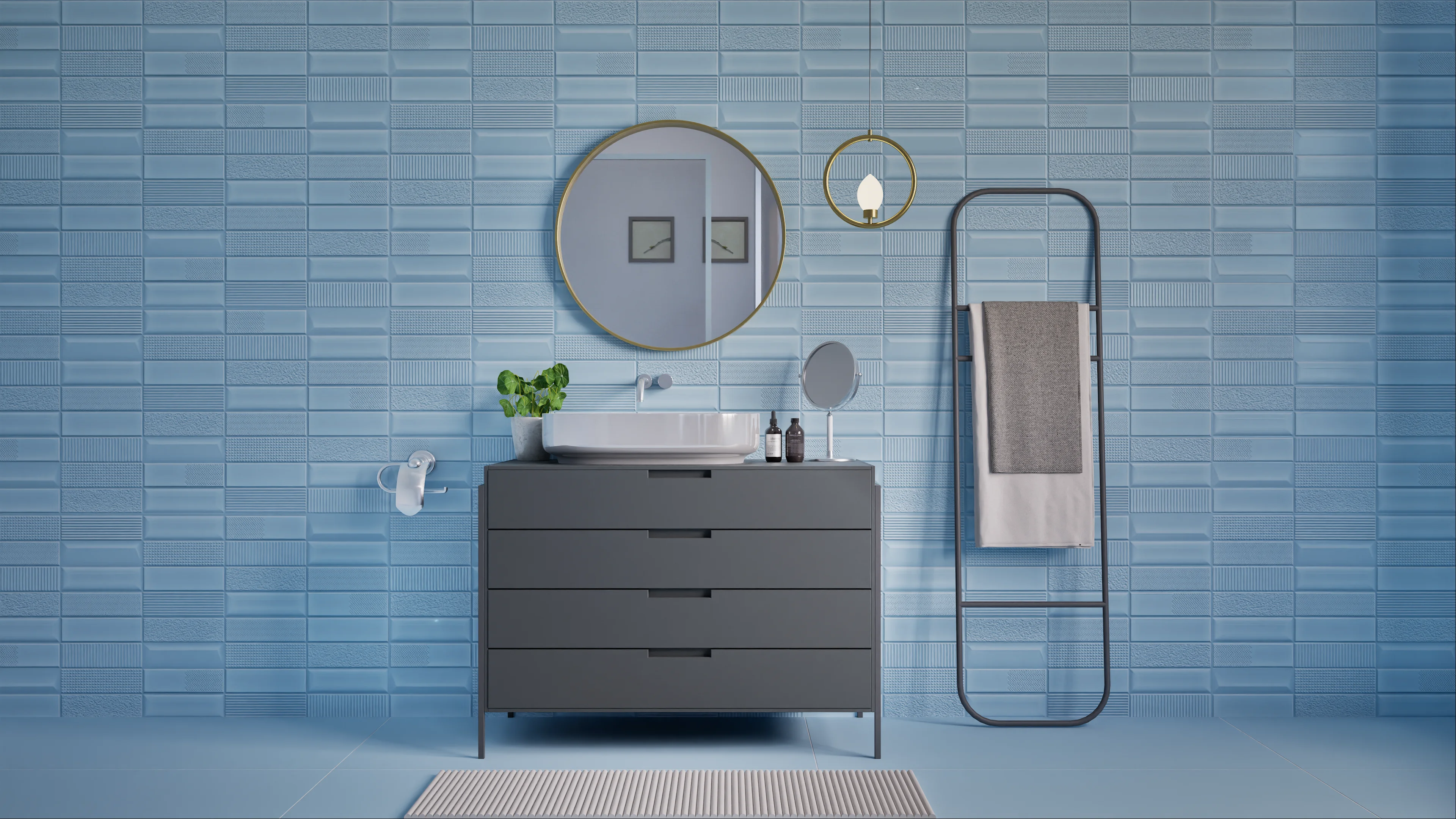 Sleek bathroom design featuring blue textured tiles, a dark grey vanity with a white basin, round mirror, and minimalist towel rack. | Material Depot