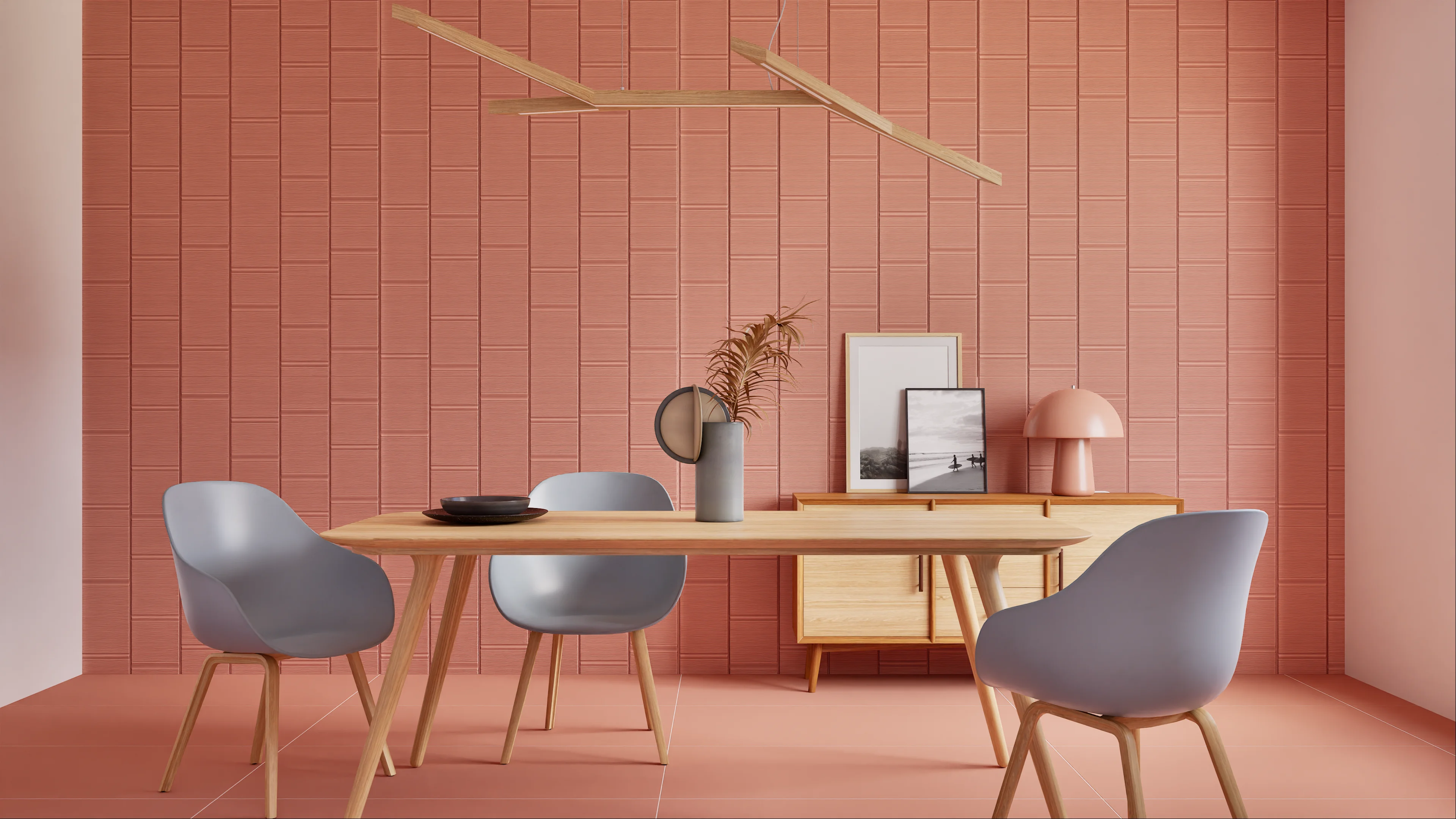 Contemporary dining room featuring a coral accent wall, sleek wooden furniture, and minimalist decor. | Material Depot