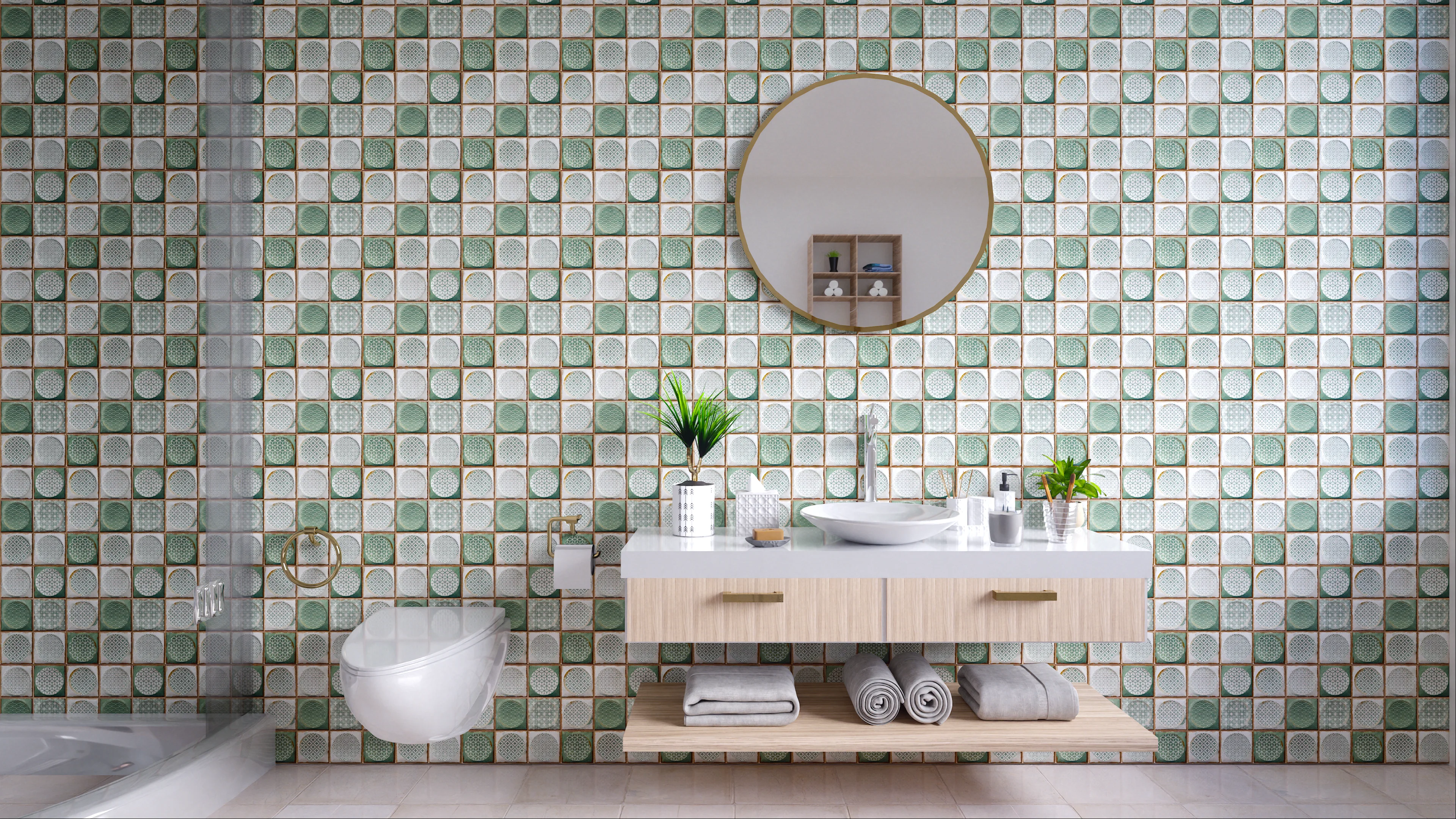 A modern bathroom featuring a geometric green and white tile pattern, a floating vanity, and a round mirror. | Material Depot