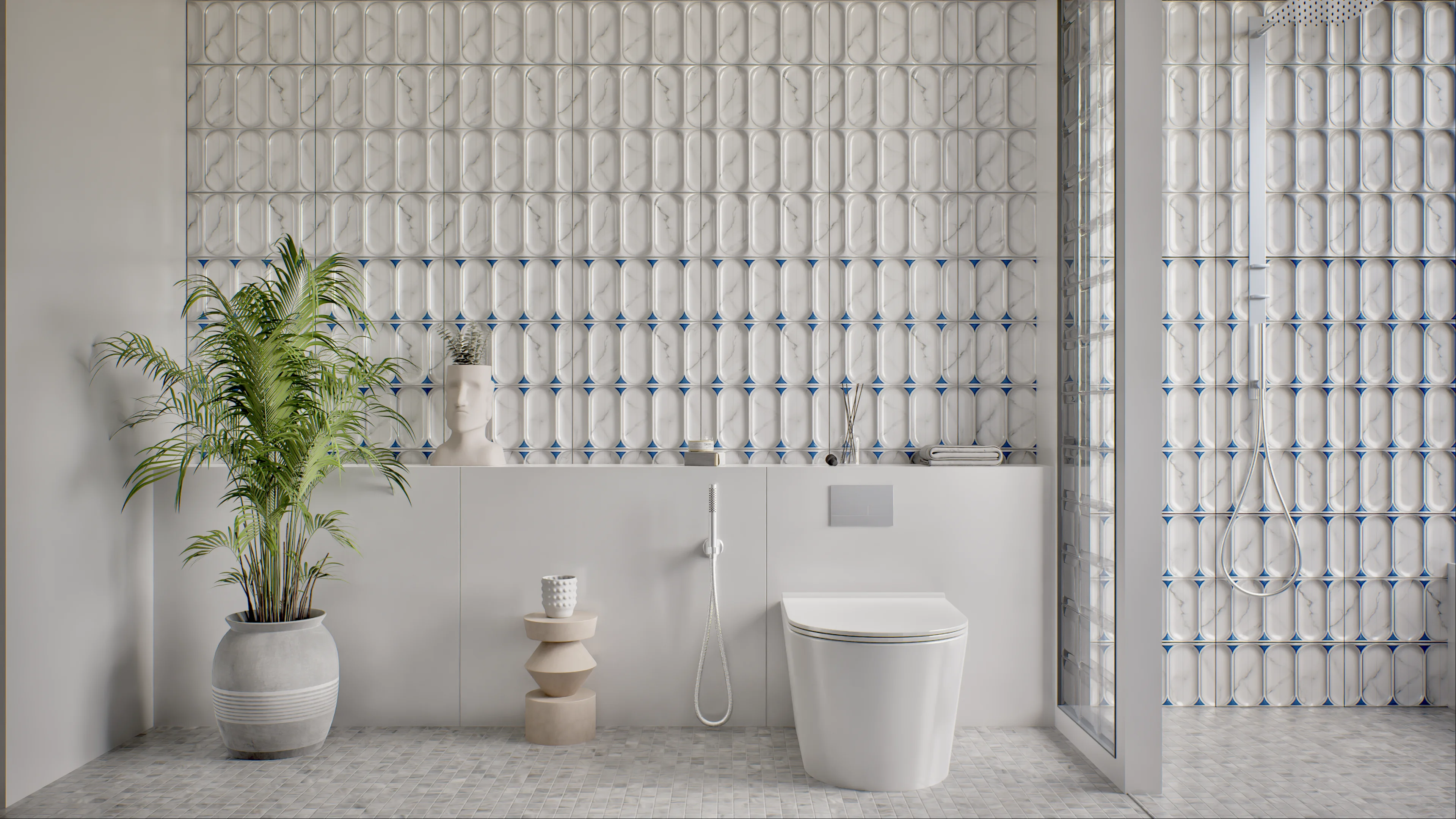 A modern bathroom featuring geometric wall tiles, a potted plant, a sculptural side table, and a sleek toilet. | Material Depot