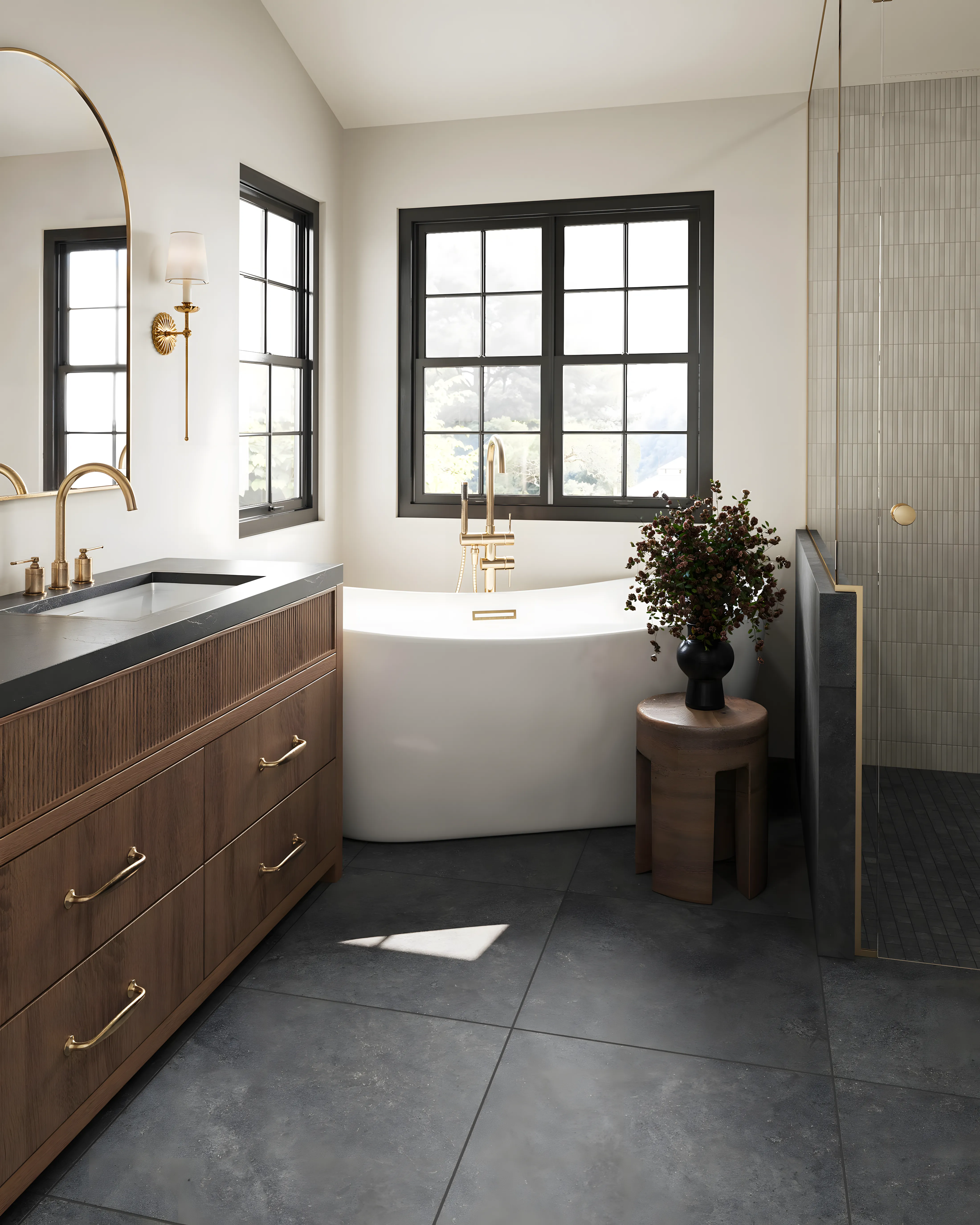 Bathroom Design Retreat with Mid-Century Modern Vanity and Gold Fixtures Total Environment In That Quiet Earth Hennur Road | Material Depot
