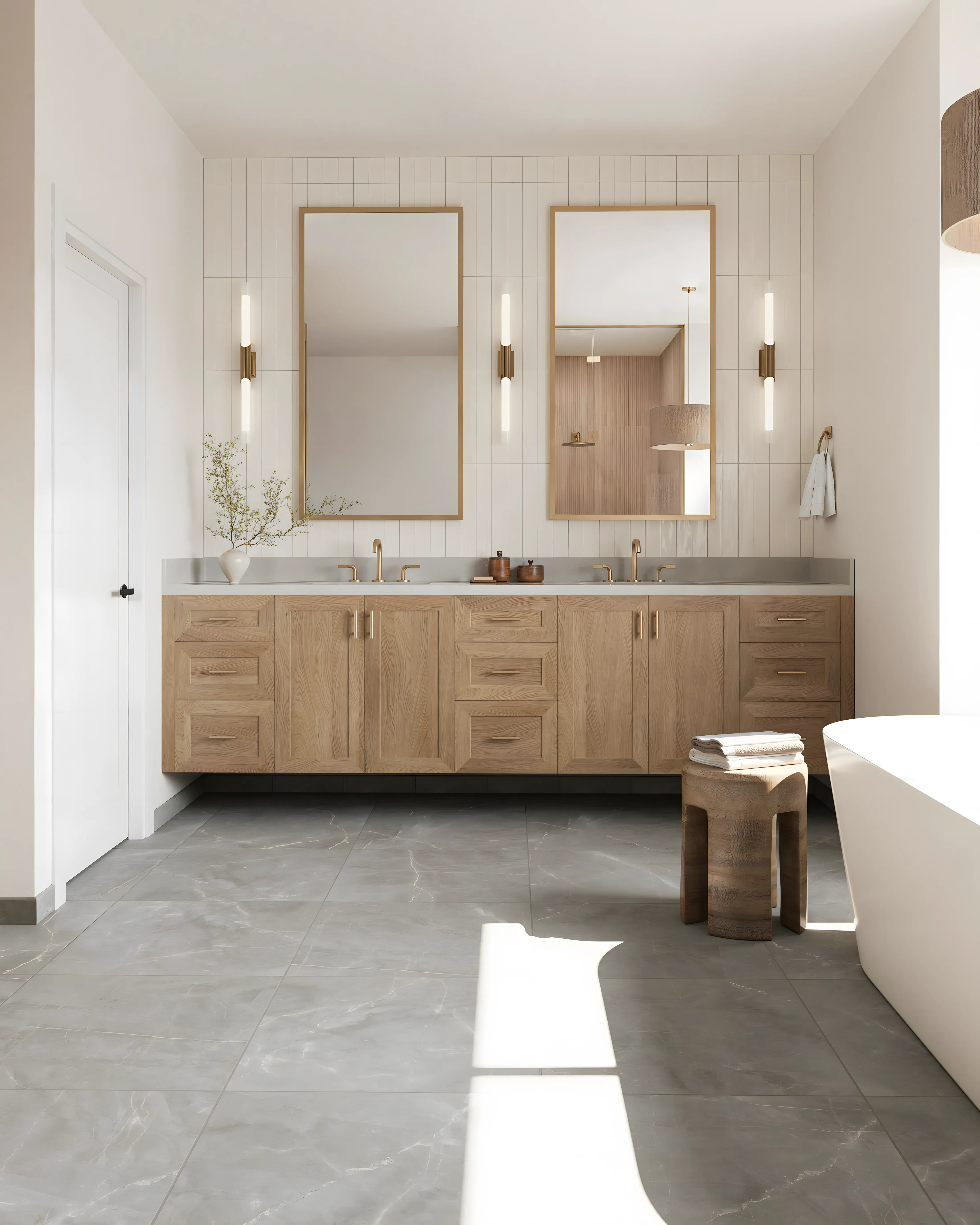 Bathroom Design with Double Vanity Subway Tile and Marble Floor Accents Purva Blubelle Magadi Road | Material Depot