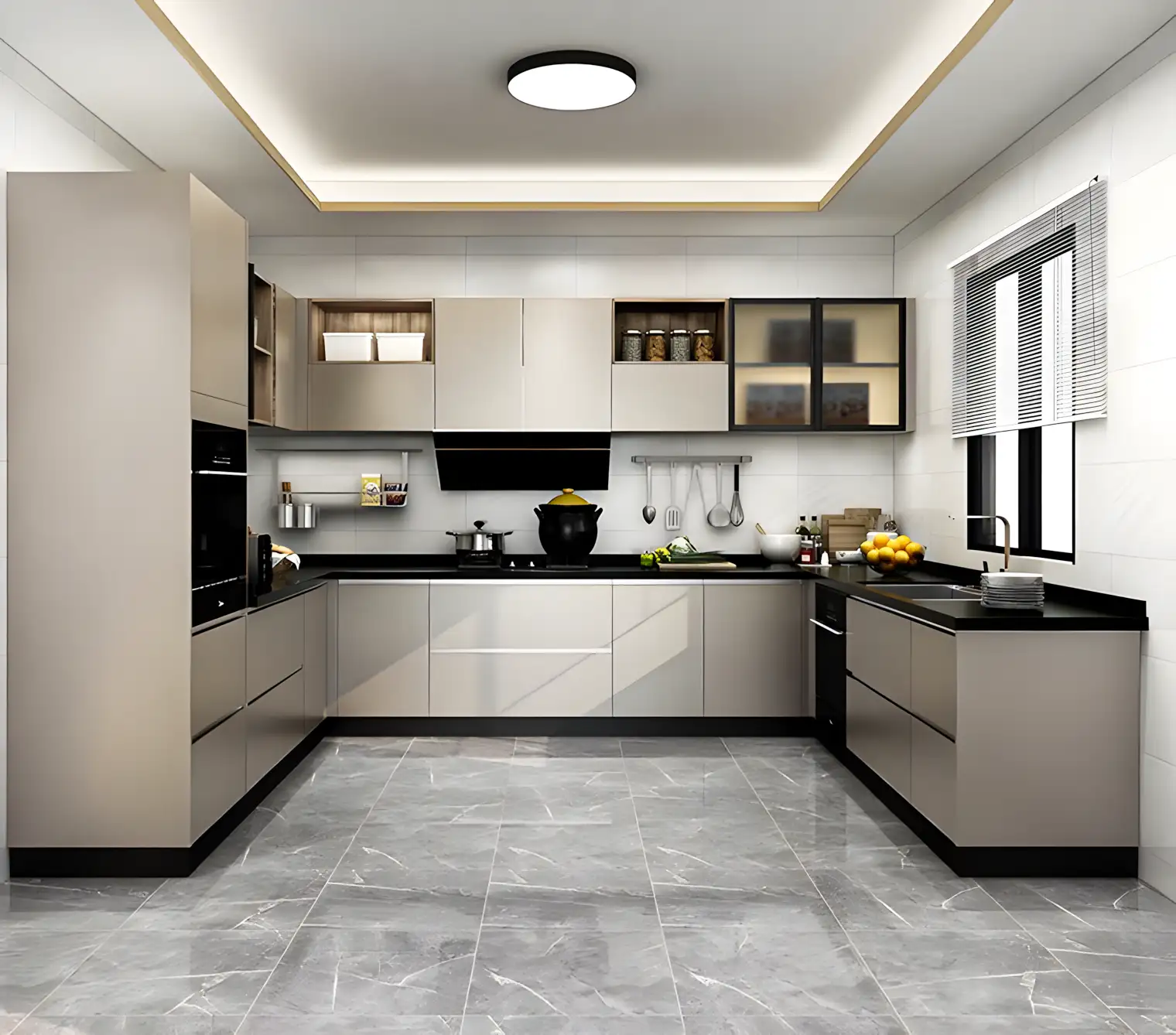 Black Counetrtop And Grey Floor Kitchen | Material Depot