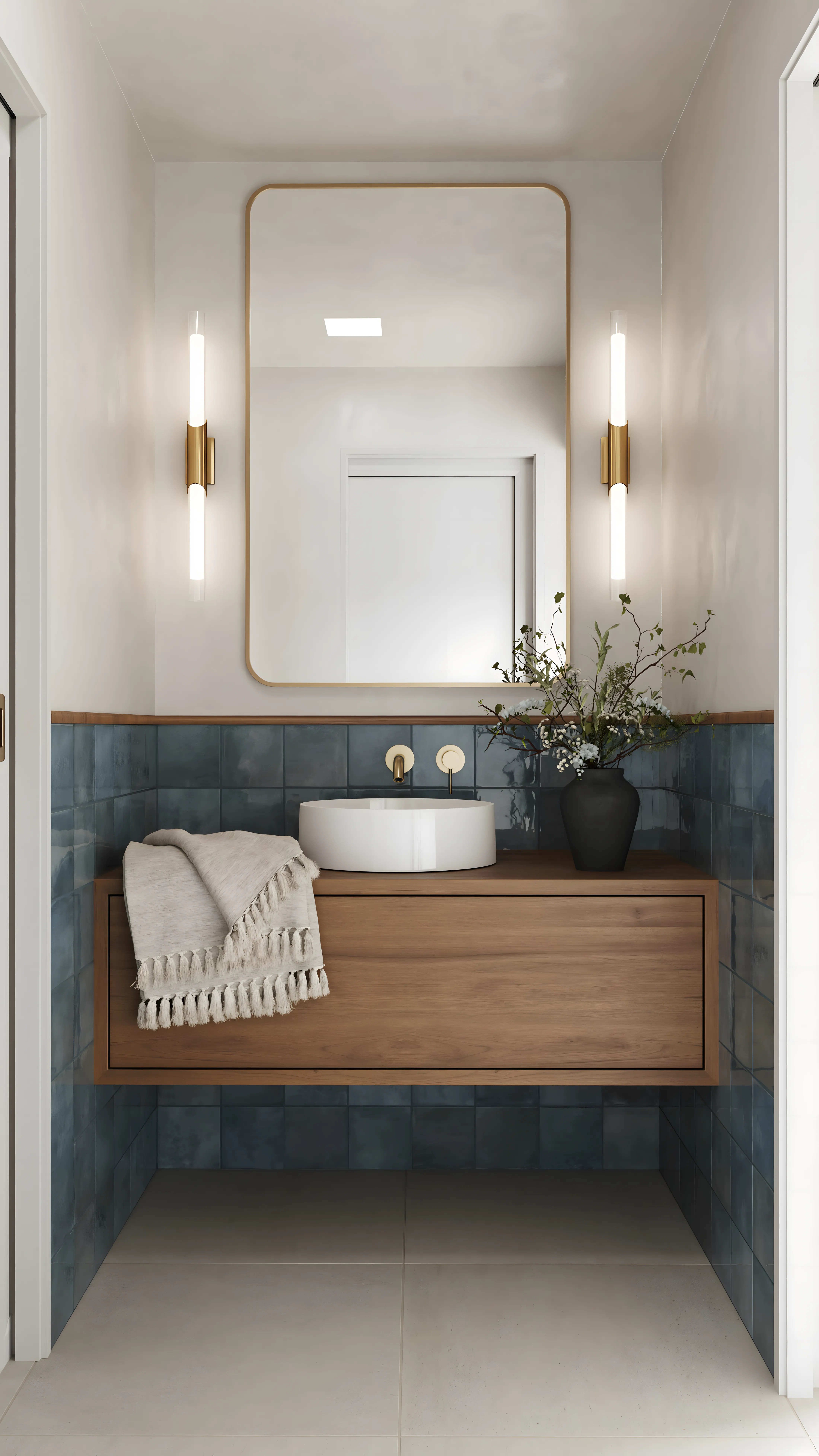 Blue Square Tile with Float Vanity and Grey floor tiles Prestige Park Grove Whitefield | Material Depot