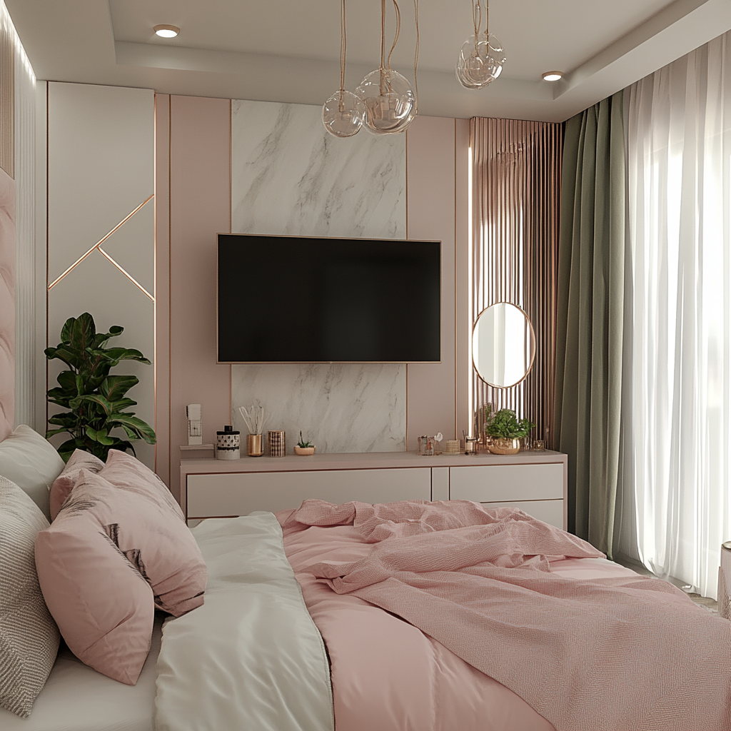 Modern pastel pink and white marble laminate TV wall bedroom with blush ...