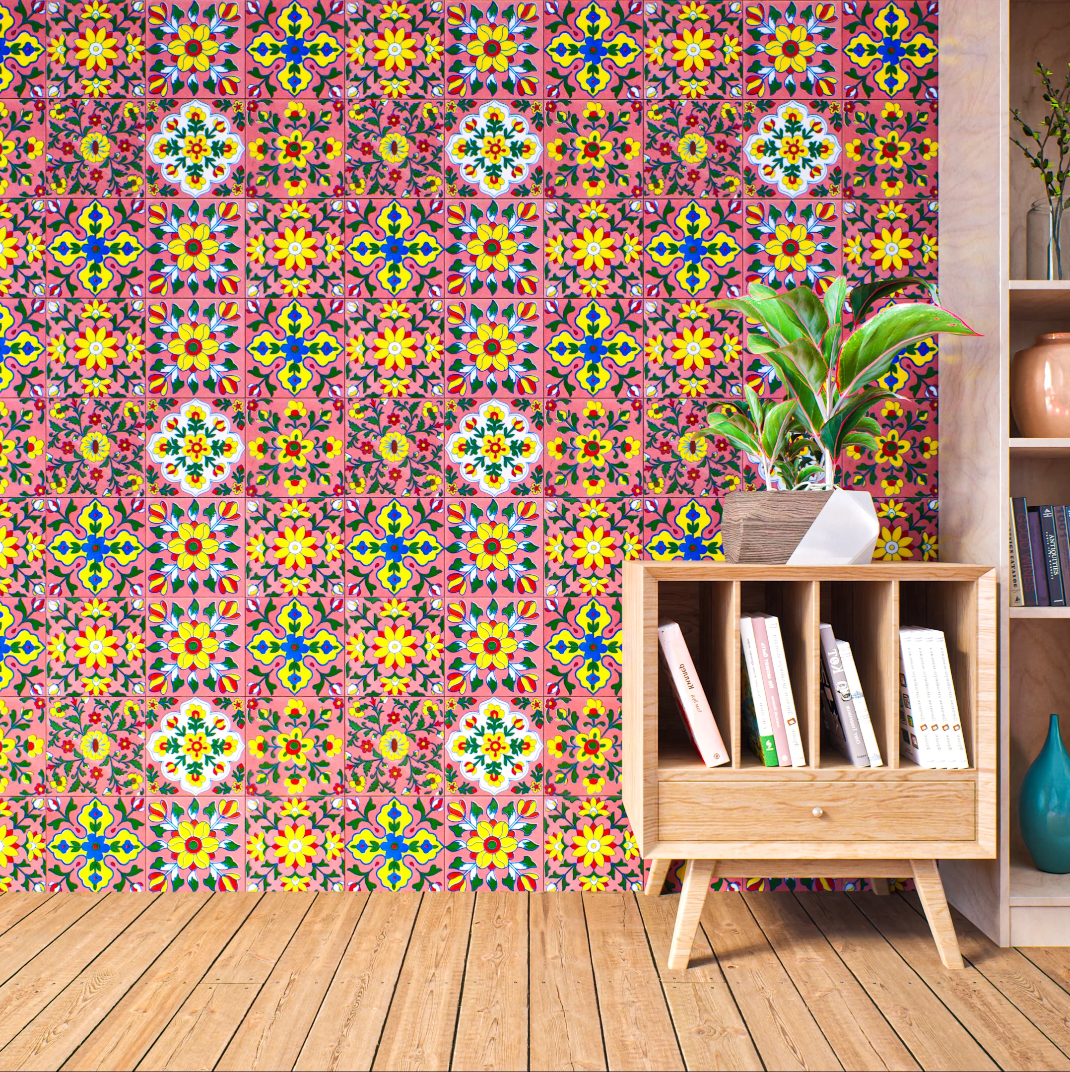 Bold Floral Accent Wall with Colorful Tiles | Material Depot