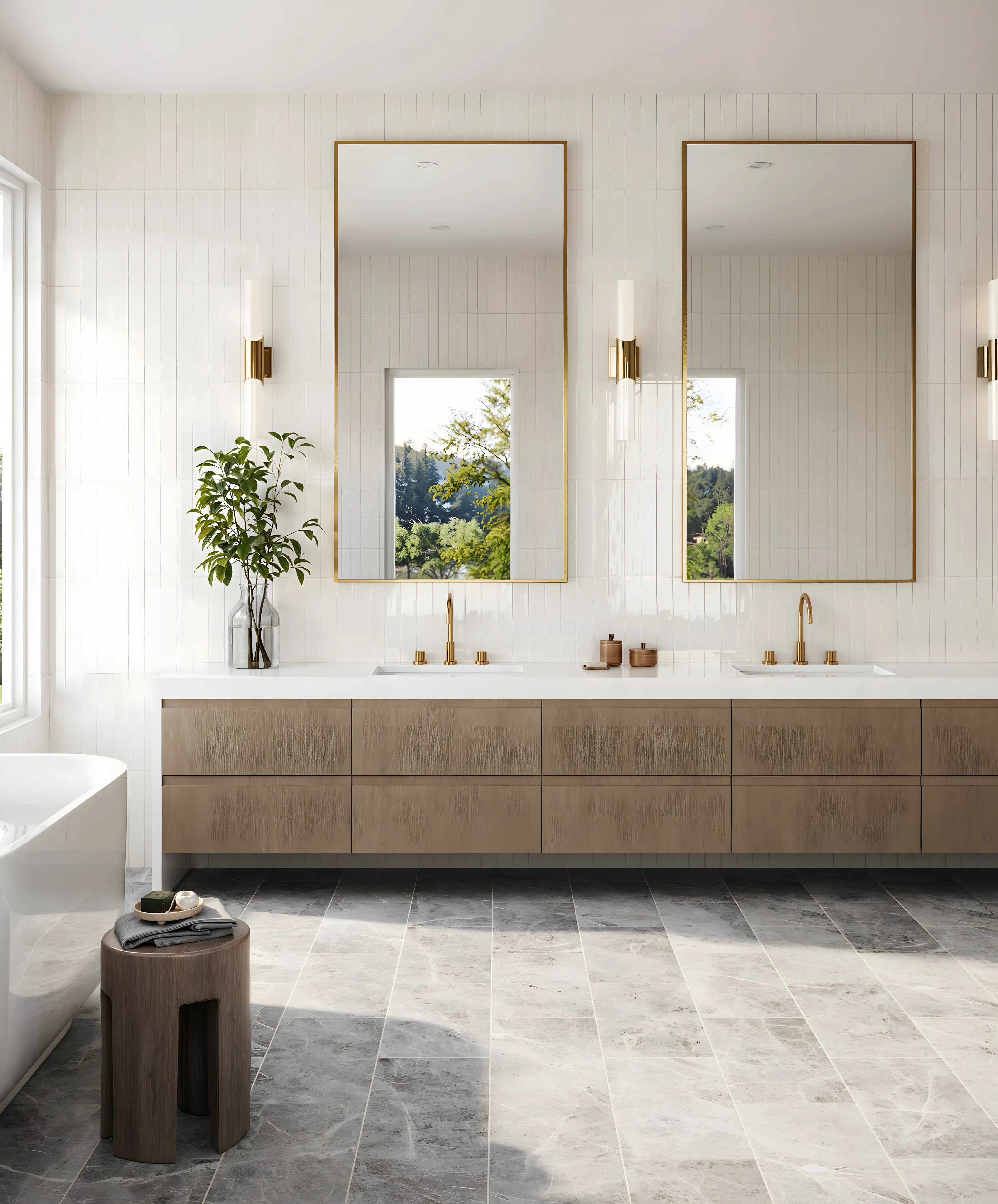 Bright and Cheerful Bathroom Design with Wooden Cabinets and Grey Texture Floor Sobha Windsor Whitefield | Material Depot