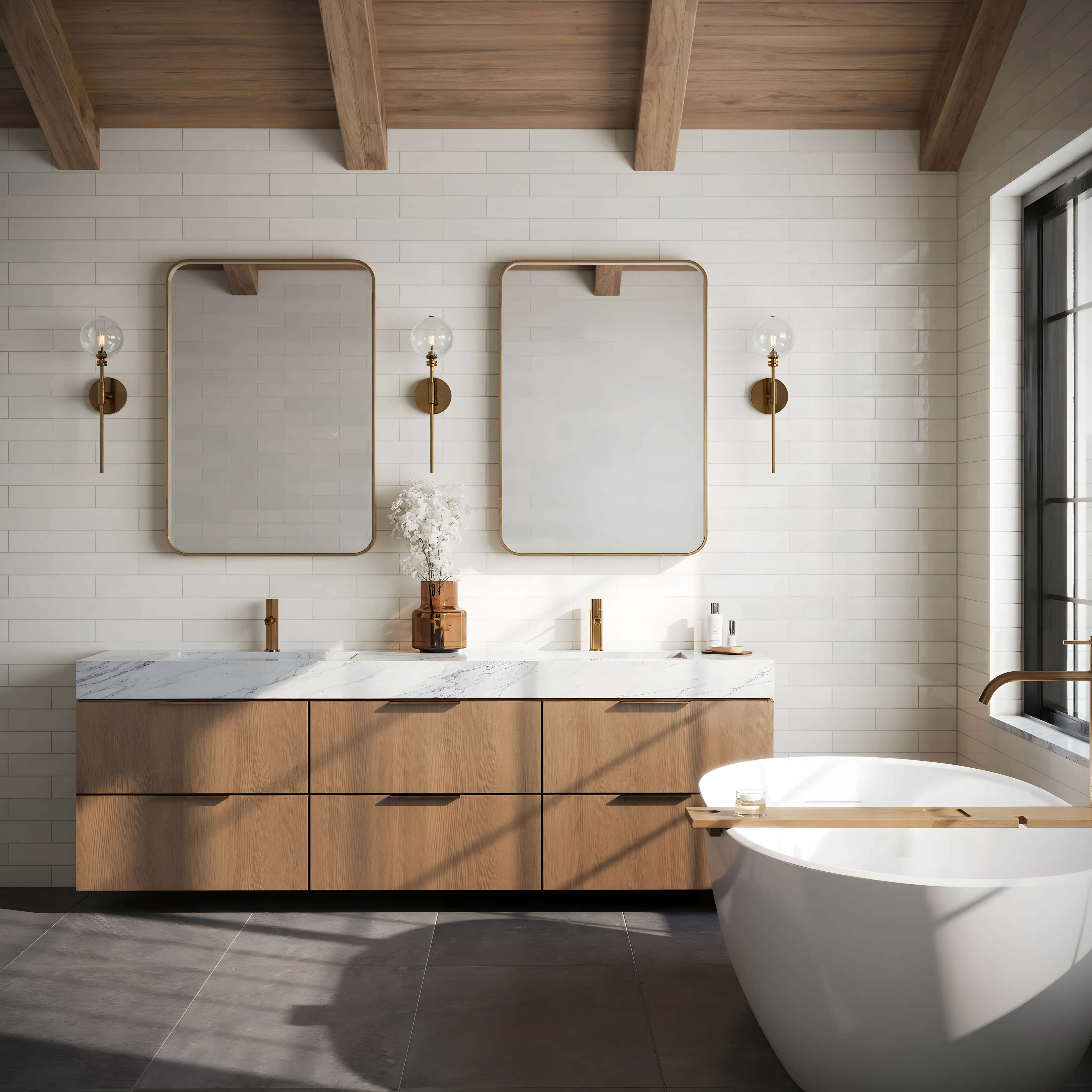Bright and White Bathroom Design tiles with Contrasting Colors and Wooden Materials Prestige Waterford Whitefield | Material Depot