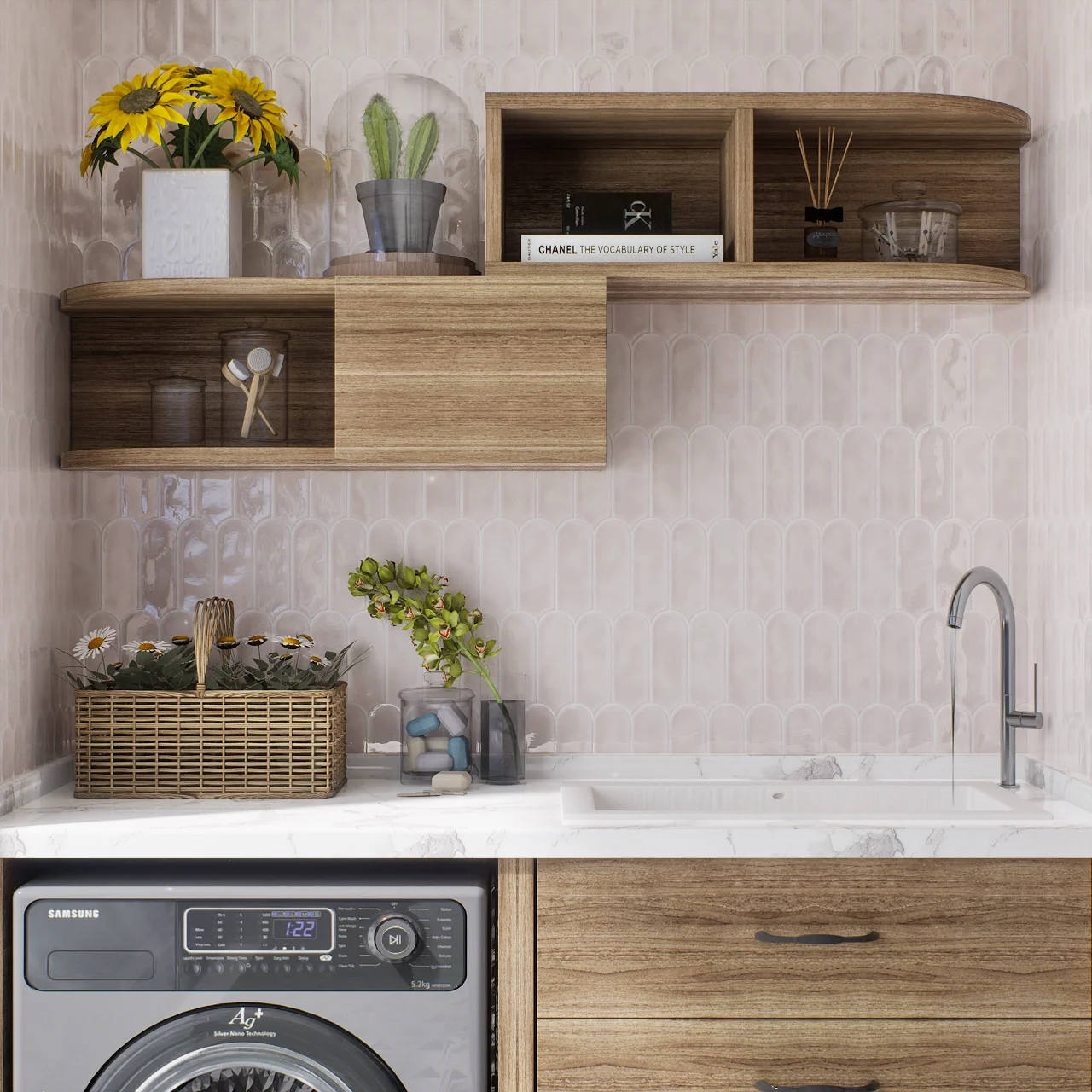 Charming Laundry Corner with Wooden Shelves and Scalloped Tiles | Material Depot