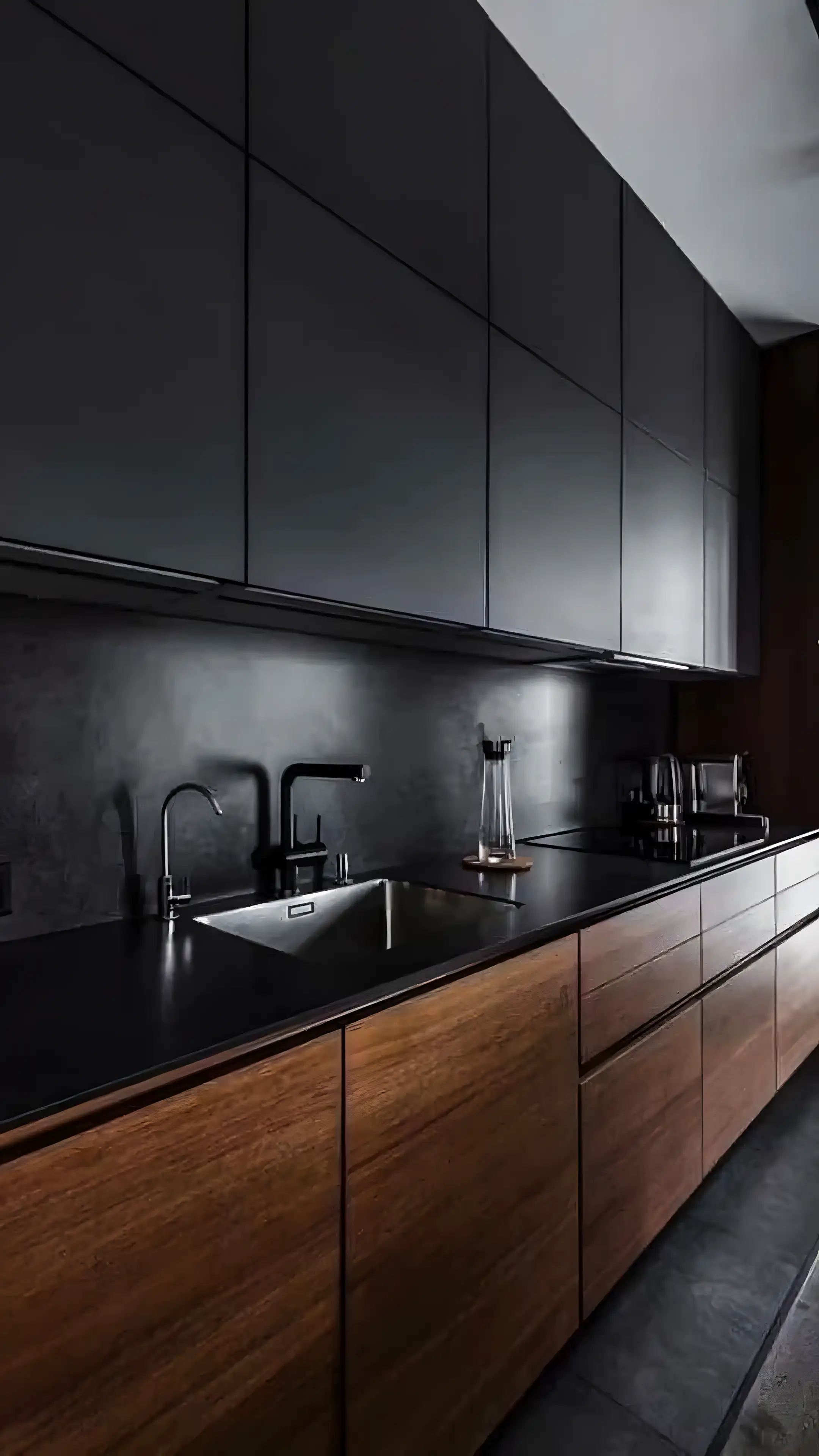 Chic Kitchen With Dark And Wooden Cabinets | Material Depot