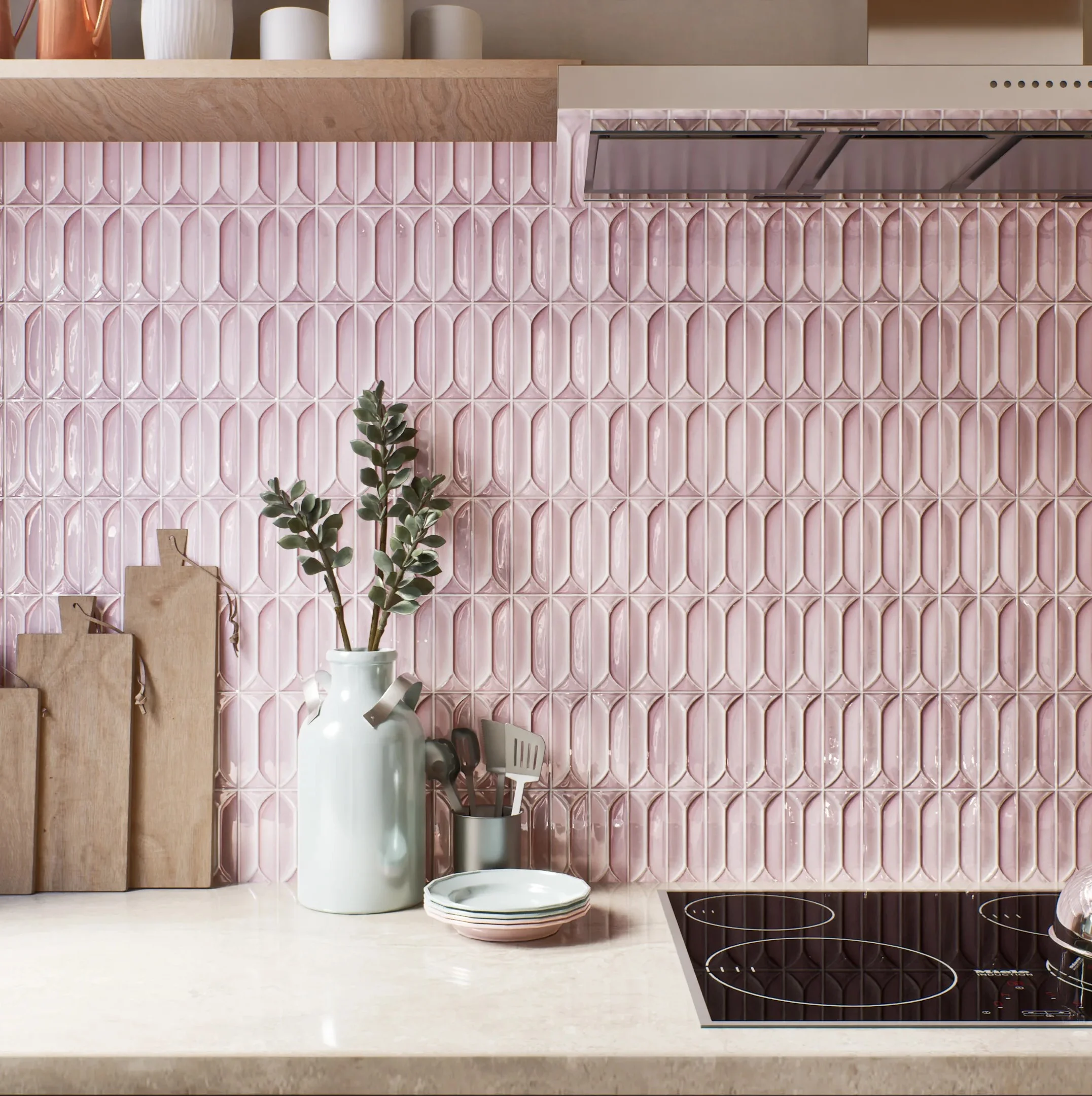 Chic Kitchen with Pink Geometric Tile Backsplash | Material Depot