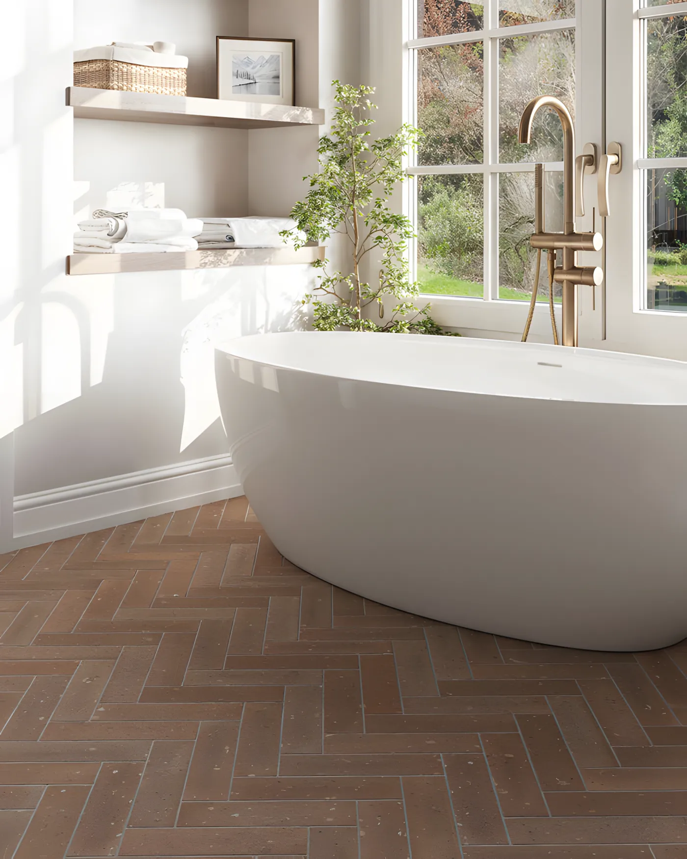 Classic Bathroom Design with Herringbone Marble Floor and Freestanding Tub Brigade Nanda Heights Padmanabhanagar | Material Depot