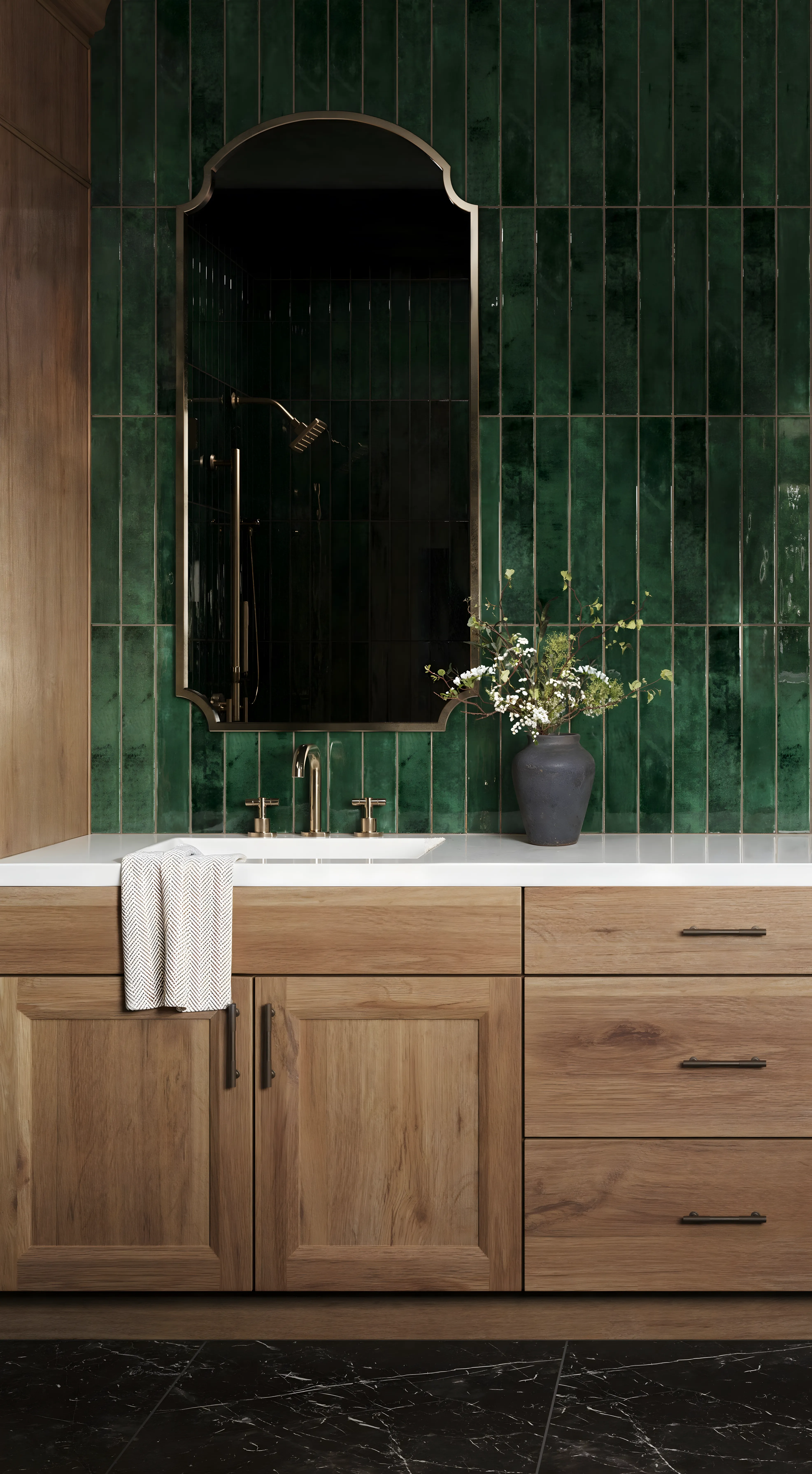 Classic Bathroom Design with Textured Rectangular Green Tile Backsplash and Warm Wood Accent SNN Raj Viviente Bannerghatta Road | Material Depot