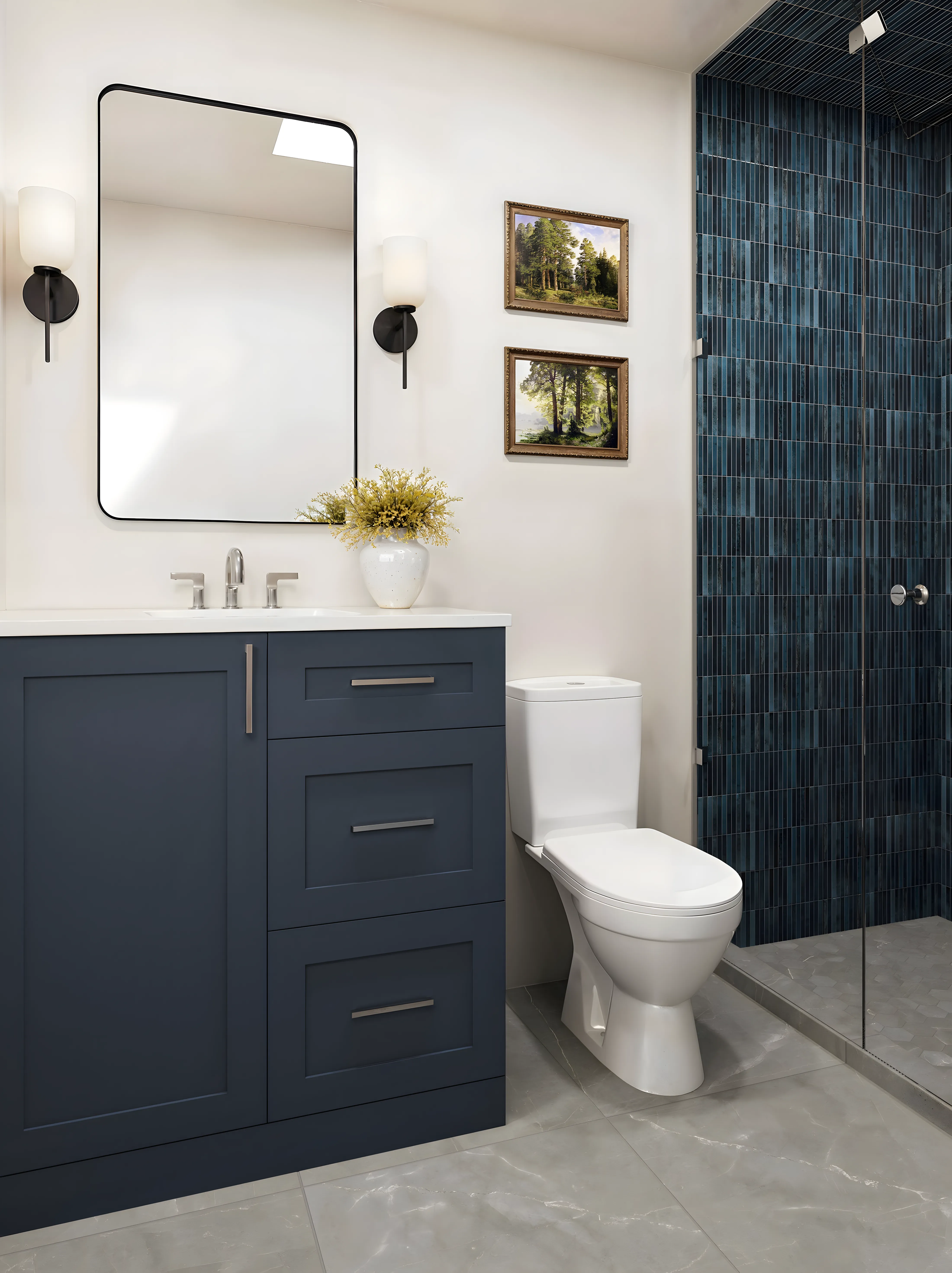 Classic Kitkat Bathroom Design with Marble Floor and Solid blue laminate Prestige Finsbury Park Bagalur | Material Depot