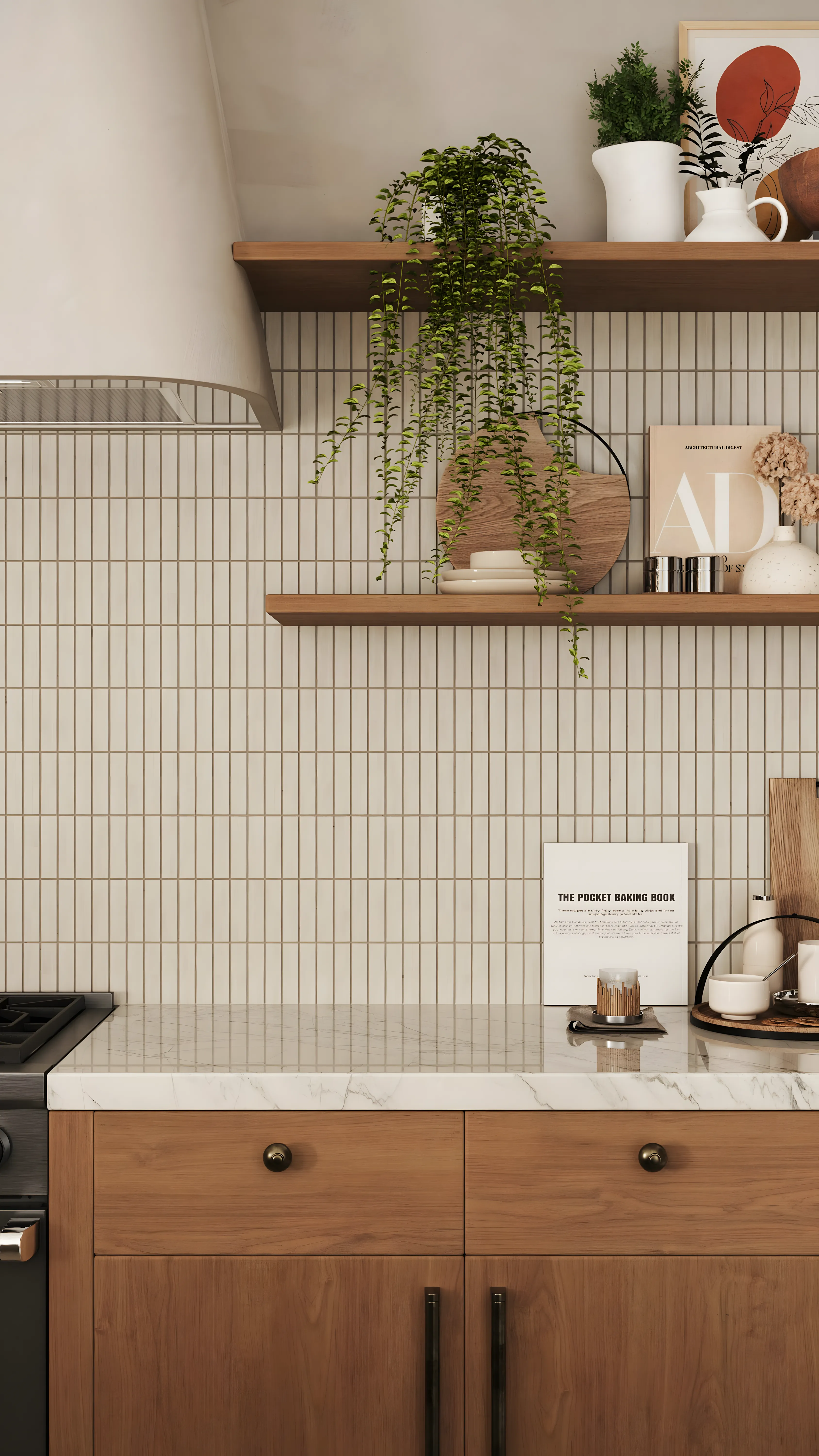 Close-up View of a Kitchen Design Counter with Open Shelving and Tile Backsplash Prestige Southern Star Begur Road | Material Depot