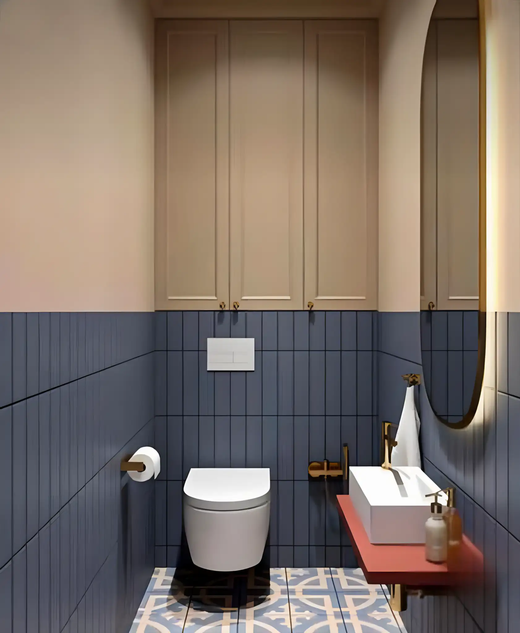 Compact Modern Powder Room with Bold Blue and Beige Tones | Material Depot