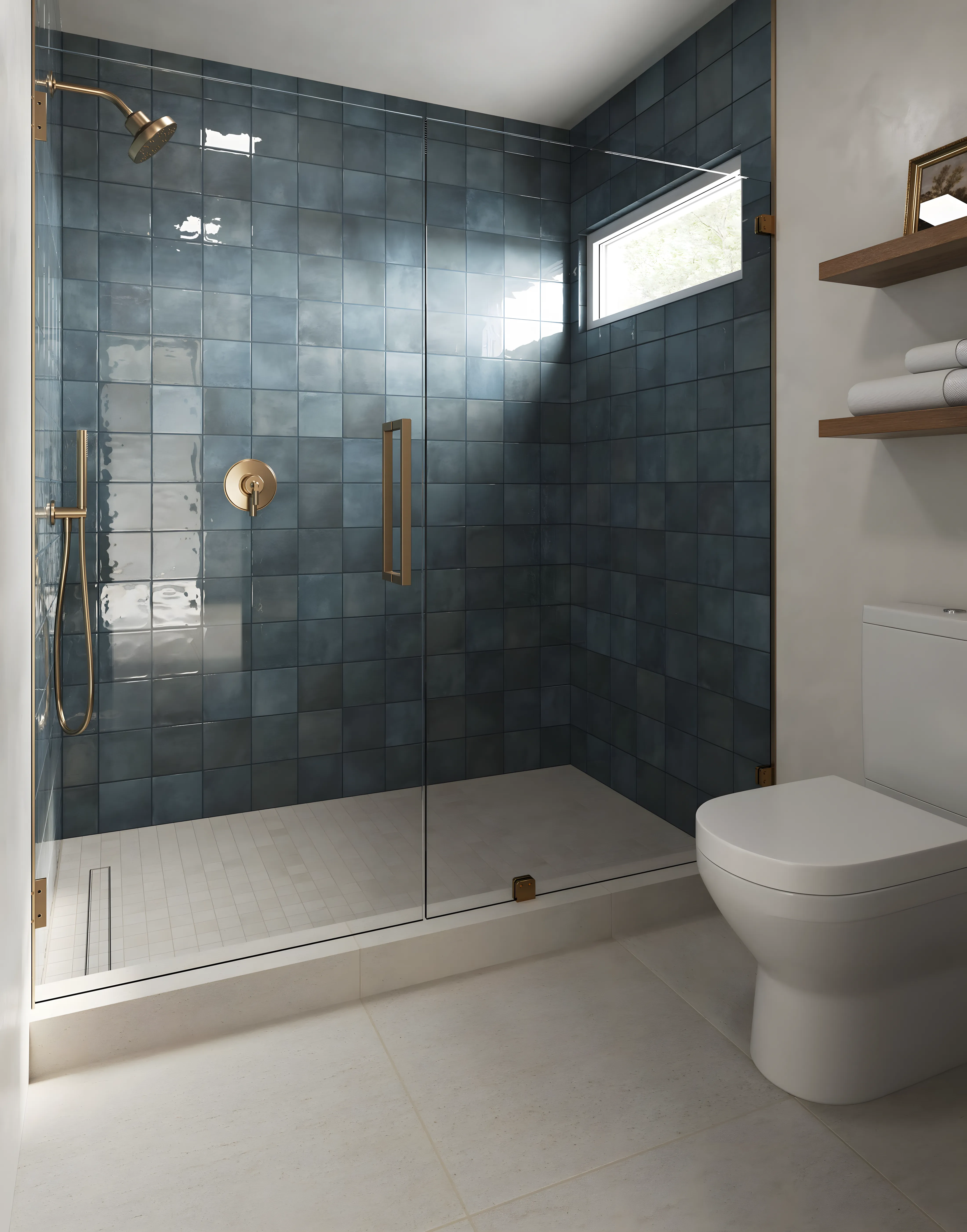 Contemporary Bathroom Design with Blue Square Tile Shower and Glass Enclosure Godrej Woodland Sarjapur Road | Material Depot