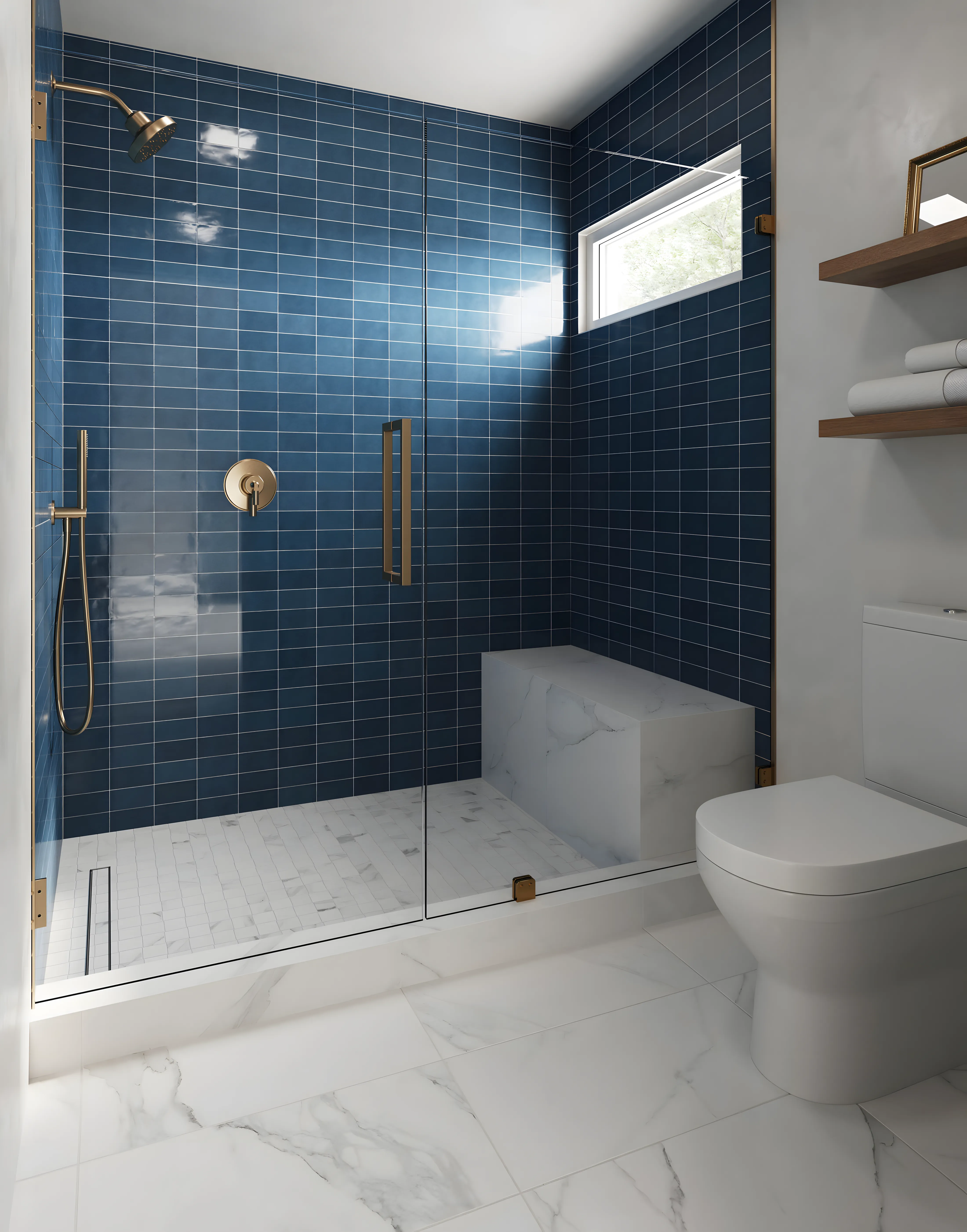 Contemporary Bathroom Design with Marble Floor splash and White Geometrical Floor Provident Capella Whitefield | Material Depot