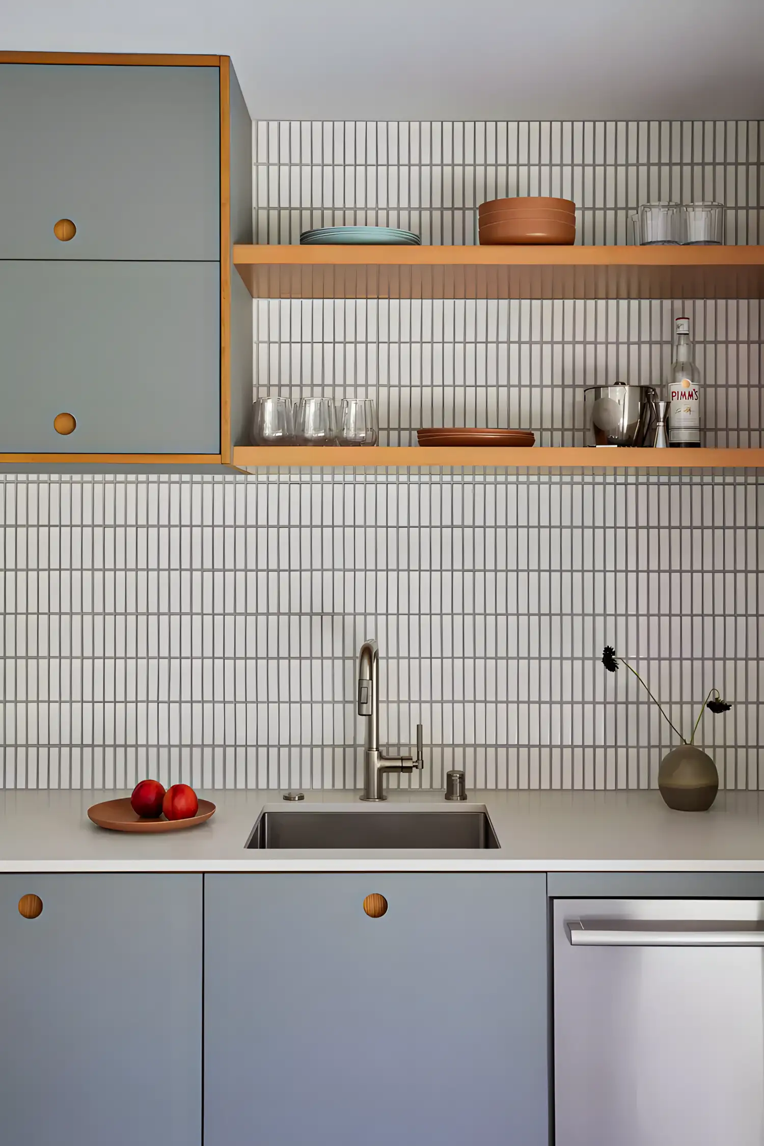 Minimalist Kitchen with Vertical Stack Tiles and Soft Blue Cabinetry | Material Depot