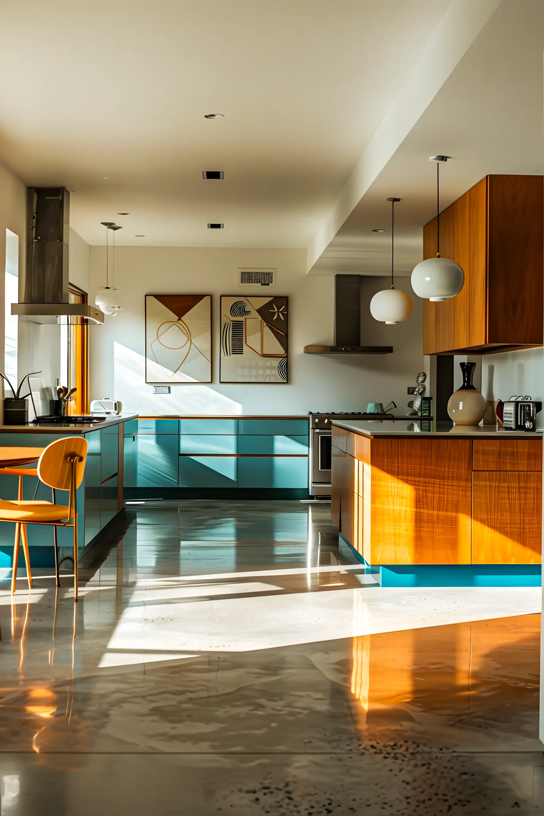 Contemporary Kitchen With Abstract Art And Polished Concrete Floor | Material Depot