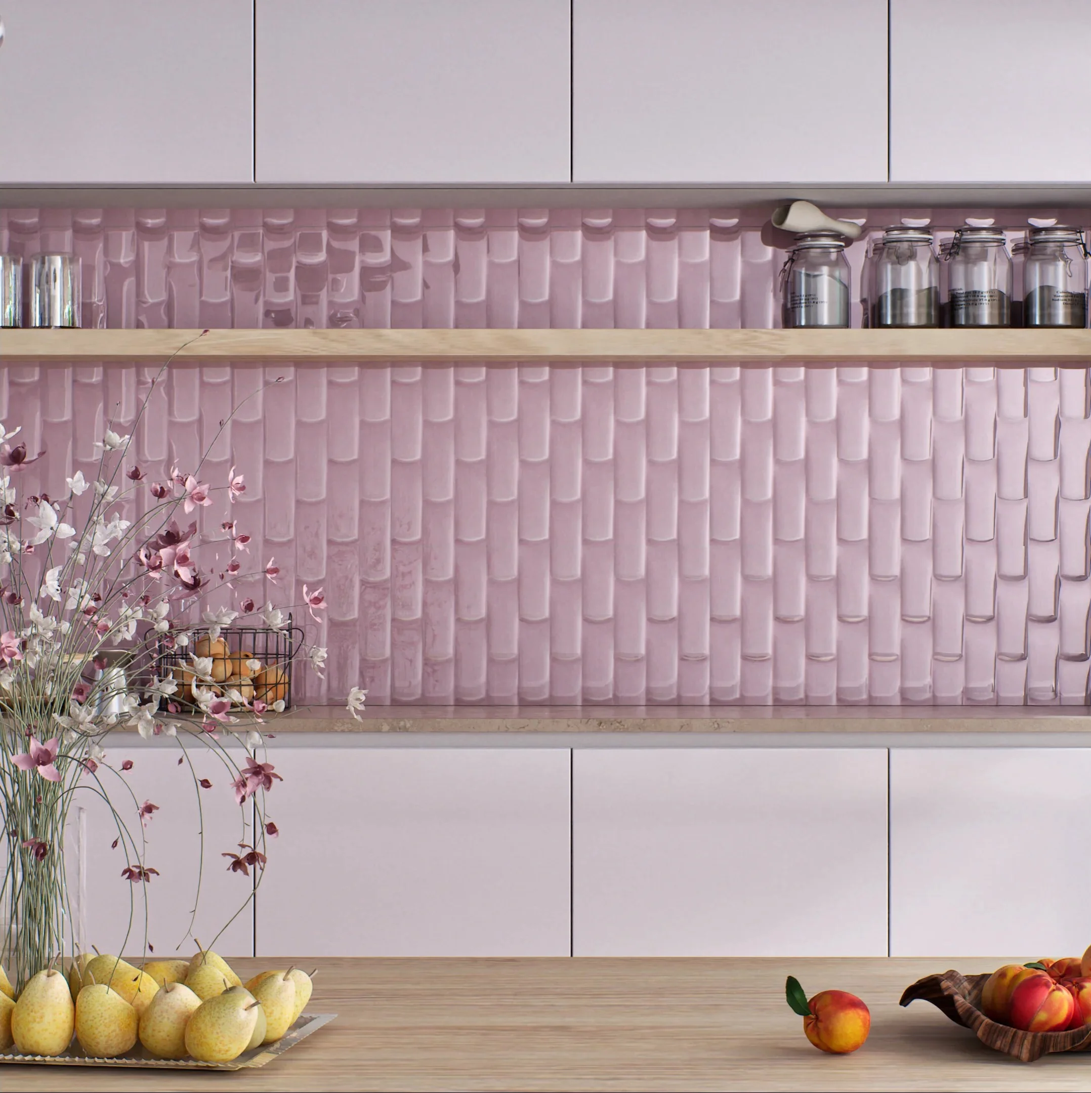 Contemporary Kitchen with Pink Textured Backsplash | Material Depot