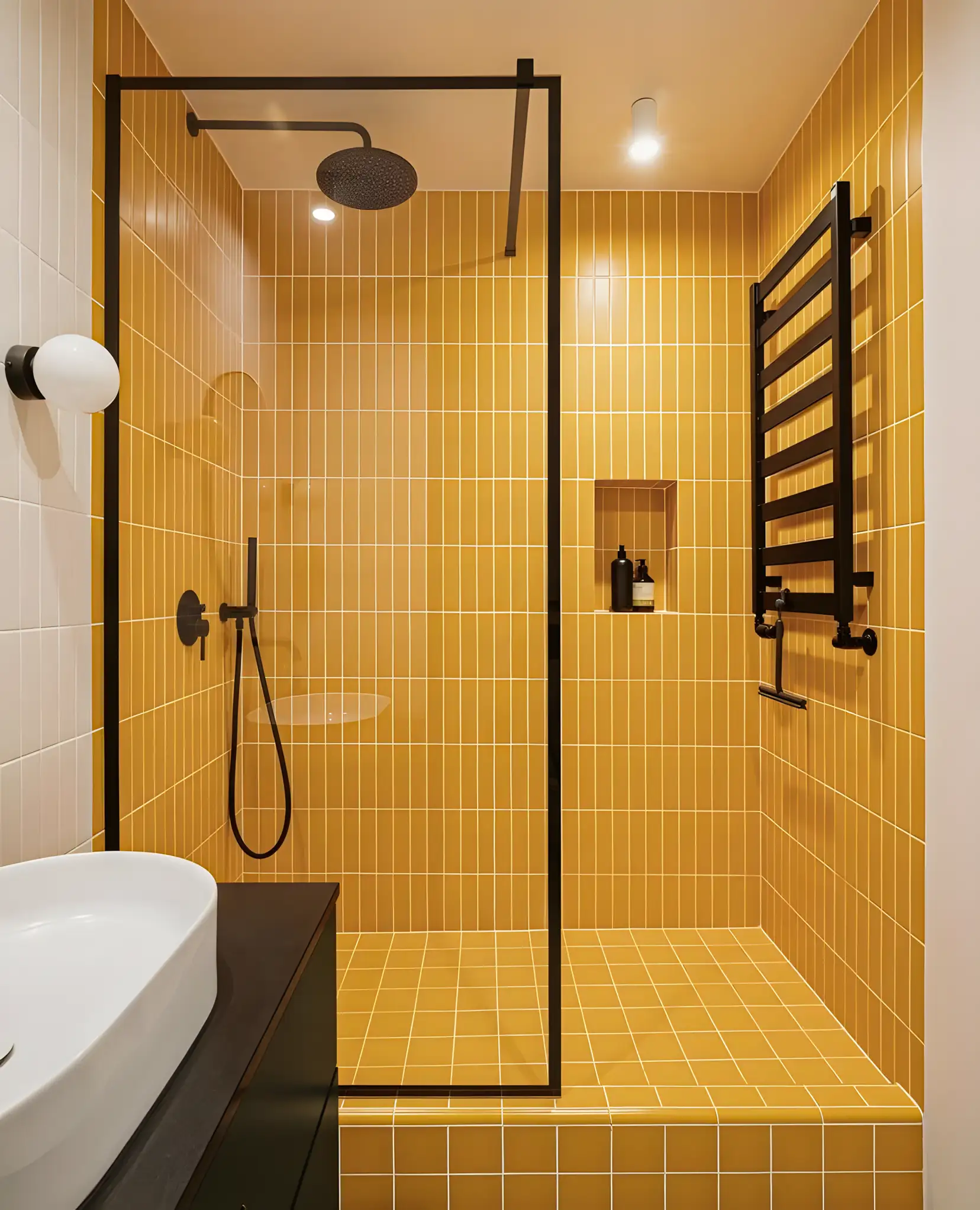 Contemporary Shower with Mustard Yellow Tiles and Black Fixtures | Material Depot