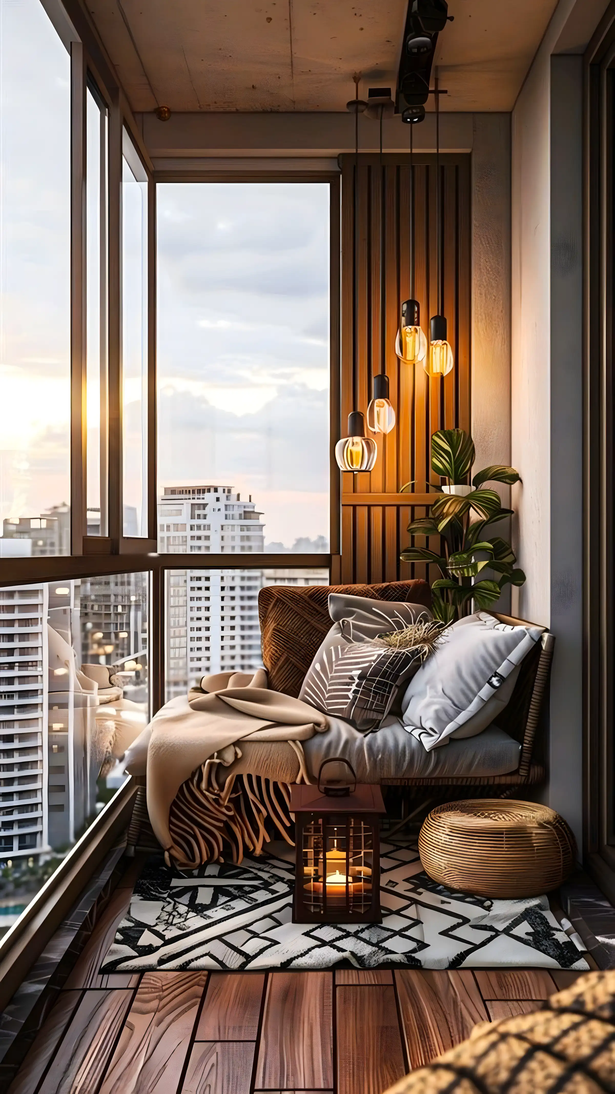 Cozy Balcony Retreat with Warm Lighting and Wooden Accents | Material Depot