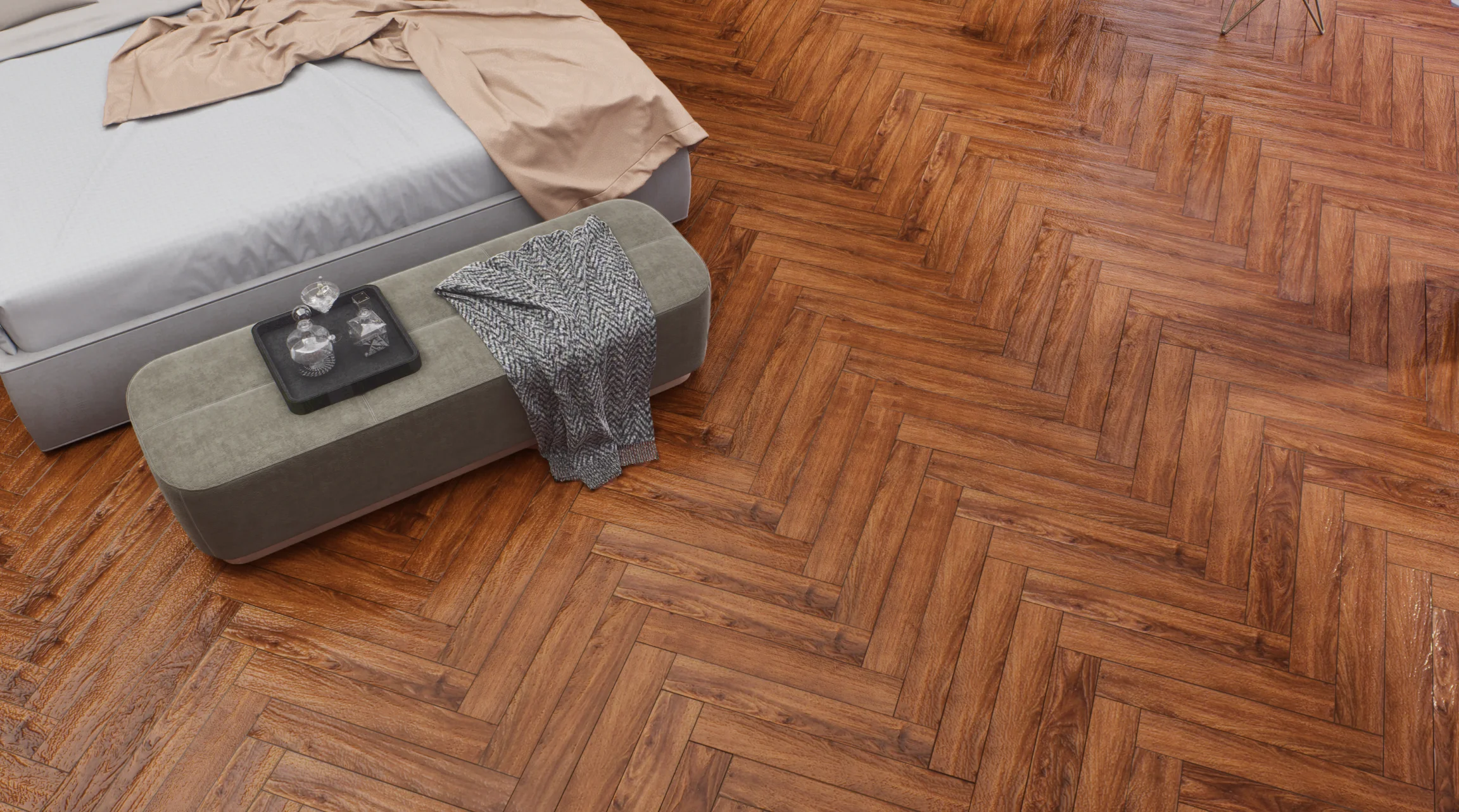 Cozy Bedroom with Herringbone Wood Flooring | Material Depot