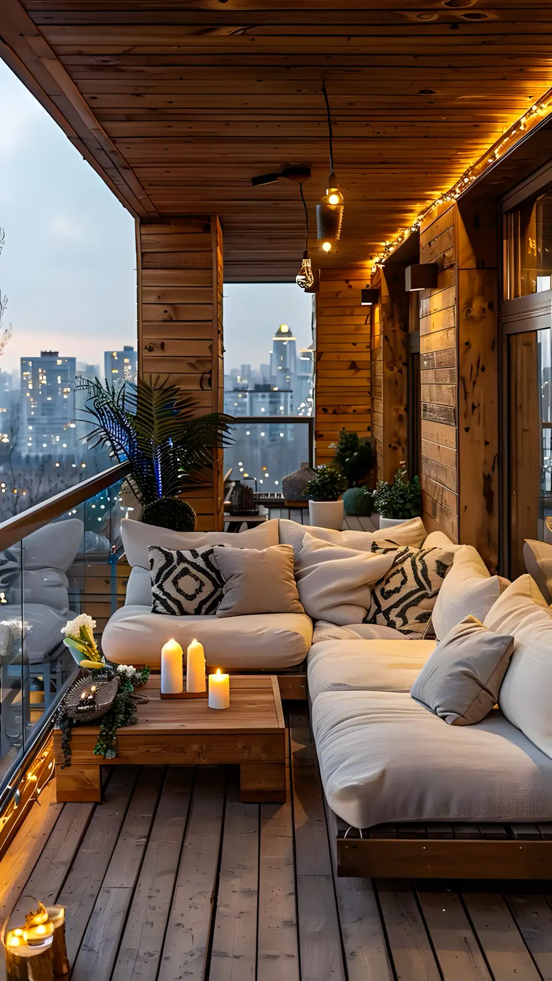 Cozy City Balcony with Wooden Accents and Ambient Lighting | Material Depot