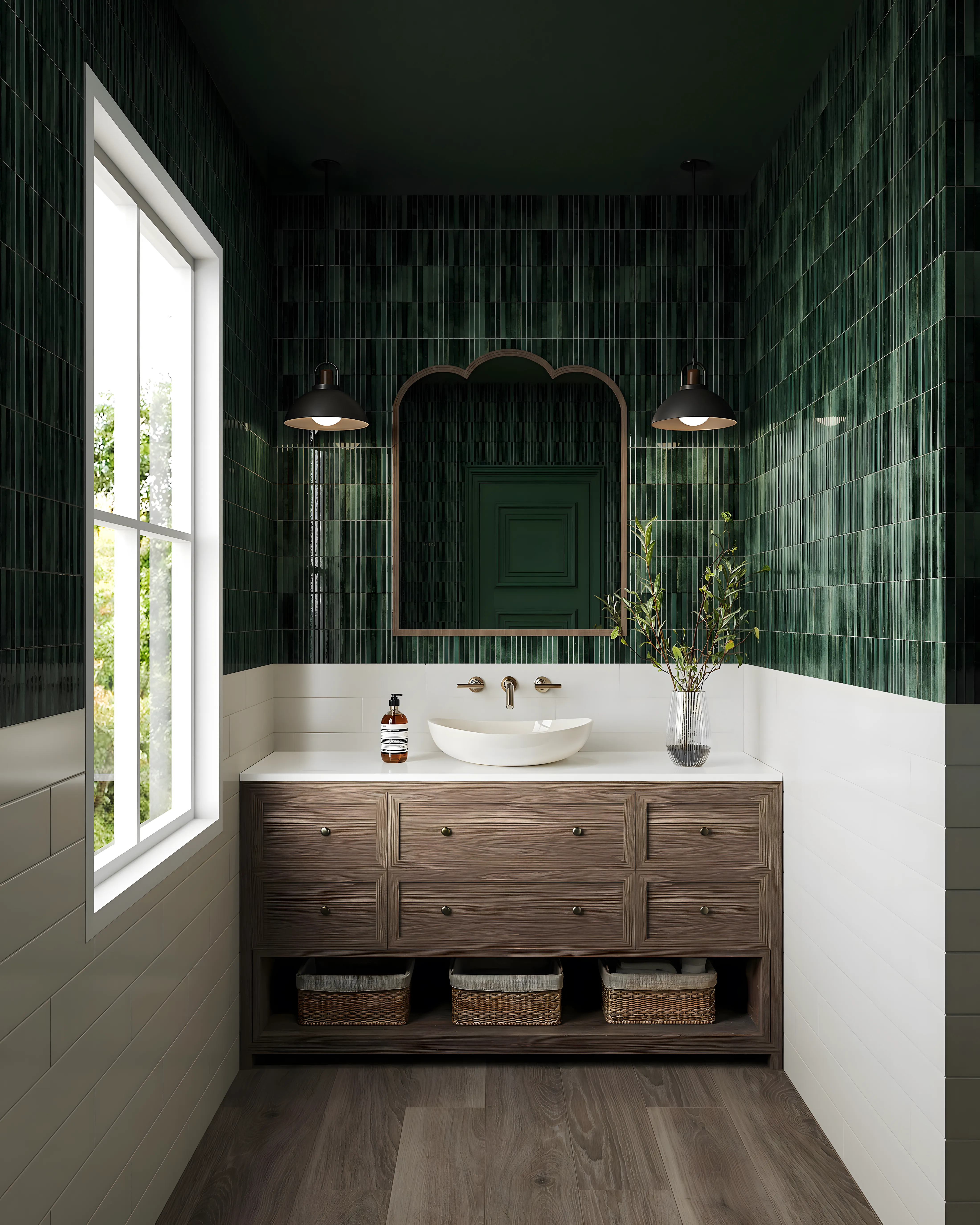 Dark Green and Inviting Bathroom Design with Dark Green Tile Backsplash and Wooden flooring Prestige Glenbrook Whitefield | Material Depot