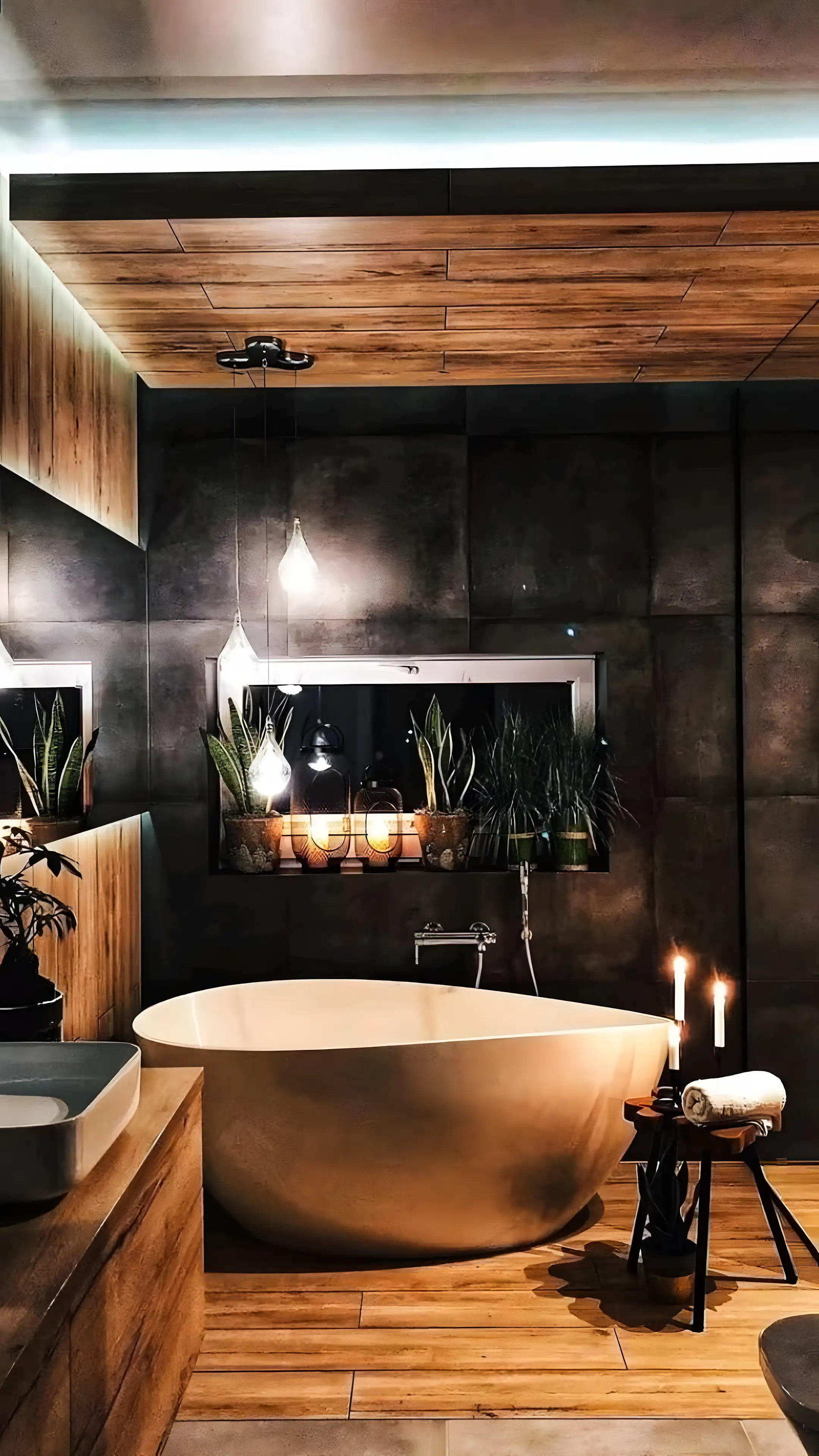 Dark Rustic Bathroom With Wooden Flooring | Material Depot